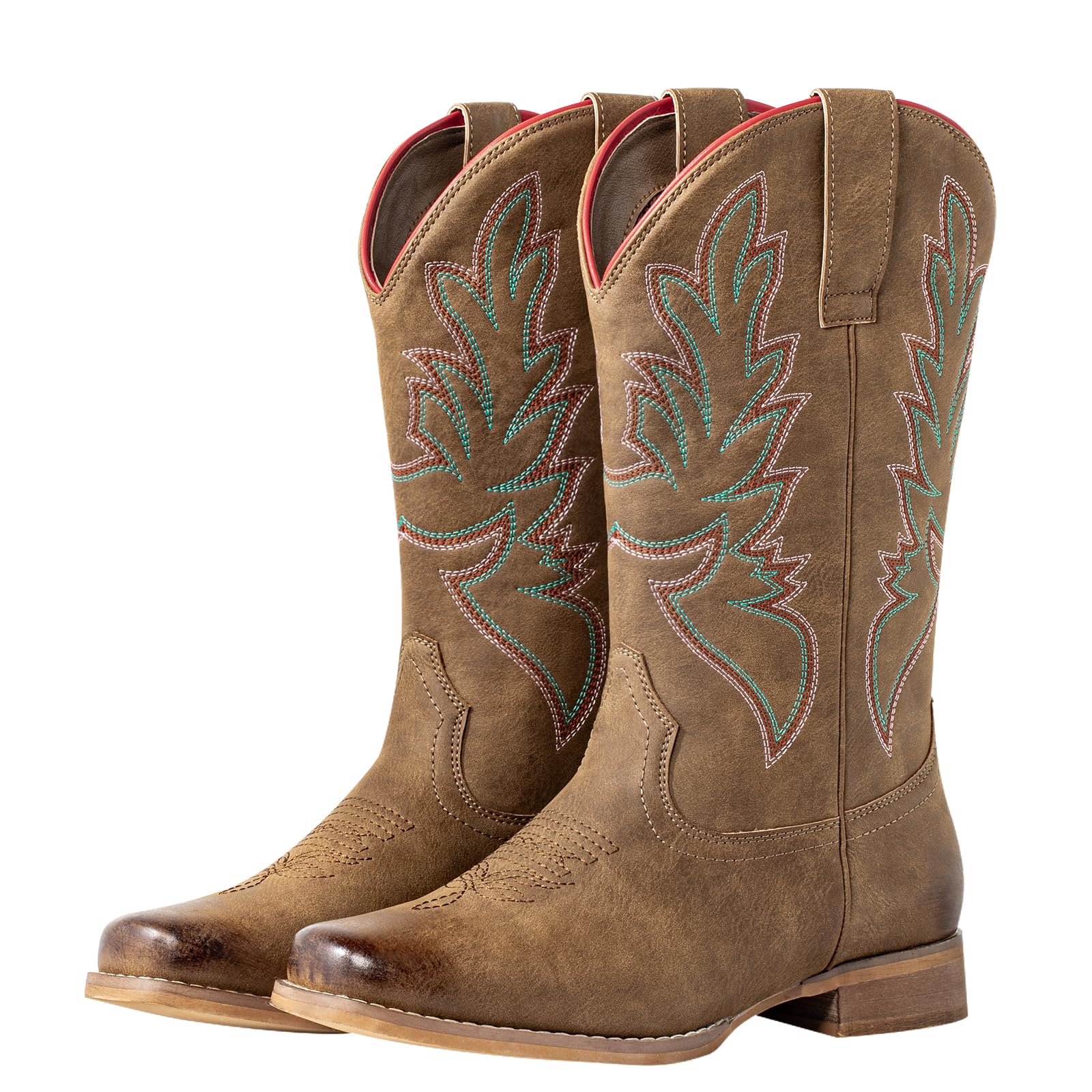 Js o l e Square Toe Cowboy Boots for Women Wide Calf Pull On Fashion Embroidered Western Cowgirl