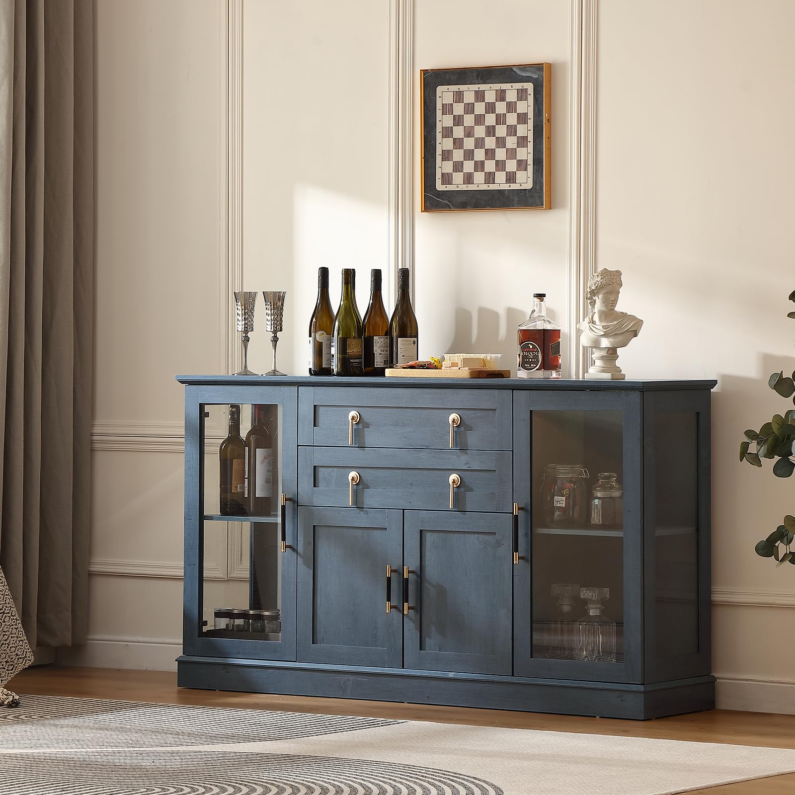 FOREST GRAVITY 58.2'' Modern Sideboard Buffet Cabinet with Storage, Accent Coffee Bar Cabinet with 2 Glass Doors,Sideboard Credenza with Golden