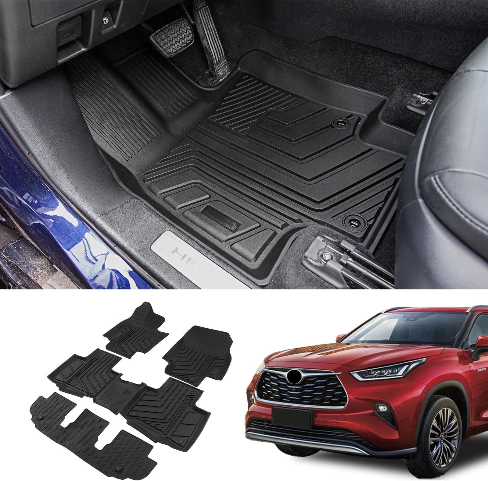 Bomely Floor Mats Compatible with 2020-2026 Toyota Highlander 3 Row Liner TPE All Weather 2025 7 Seats Highlander Accessories (2020-2026,Floor Mats)