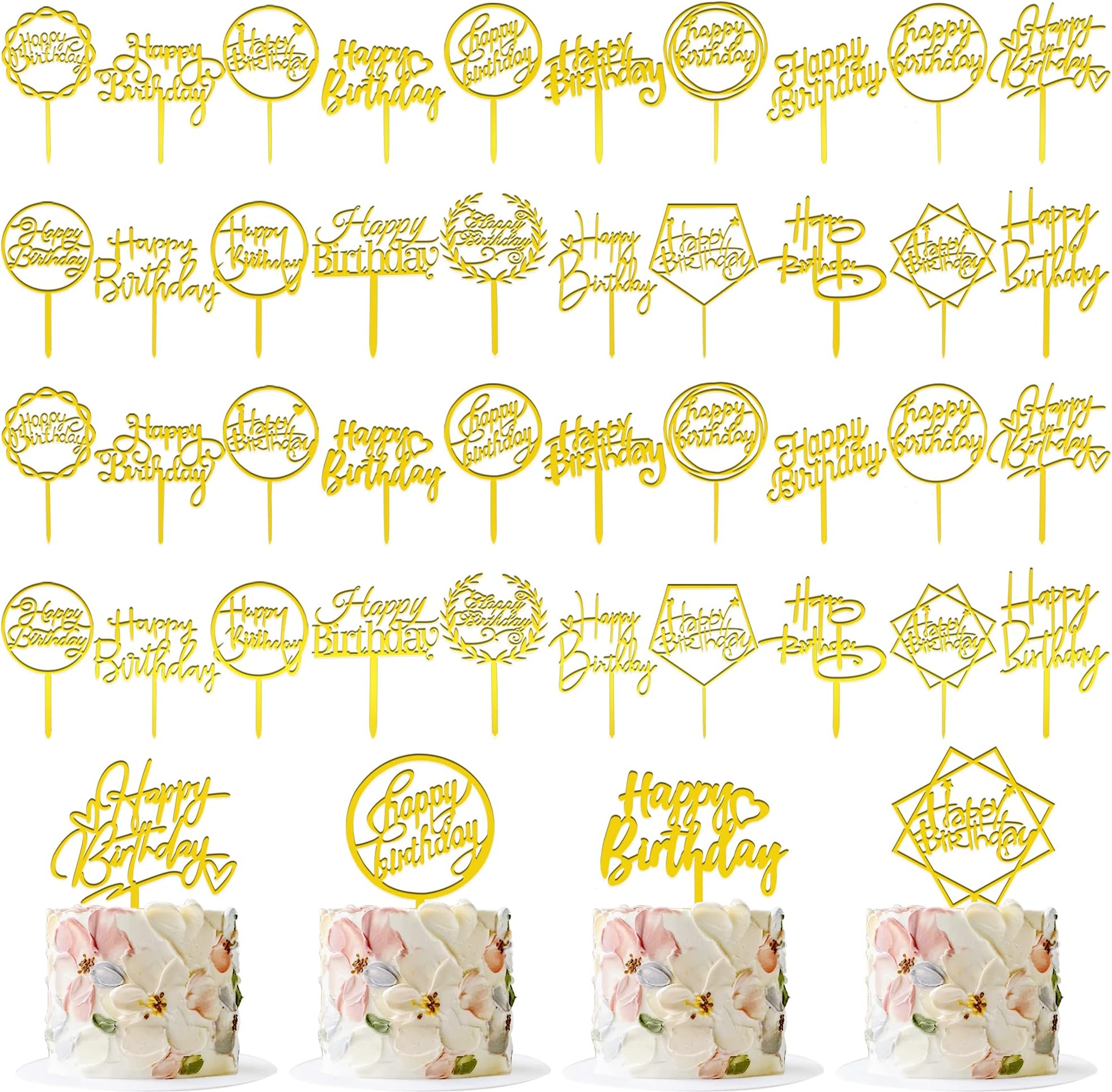 40 PCS Gold Happy Birthday Cake Topper Acrylic Cupcake Topper A Series of Birthday Cake Supplies Decorations 20 Styles