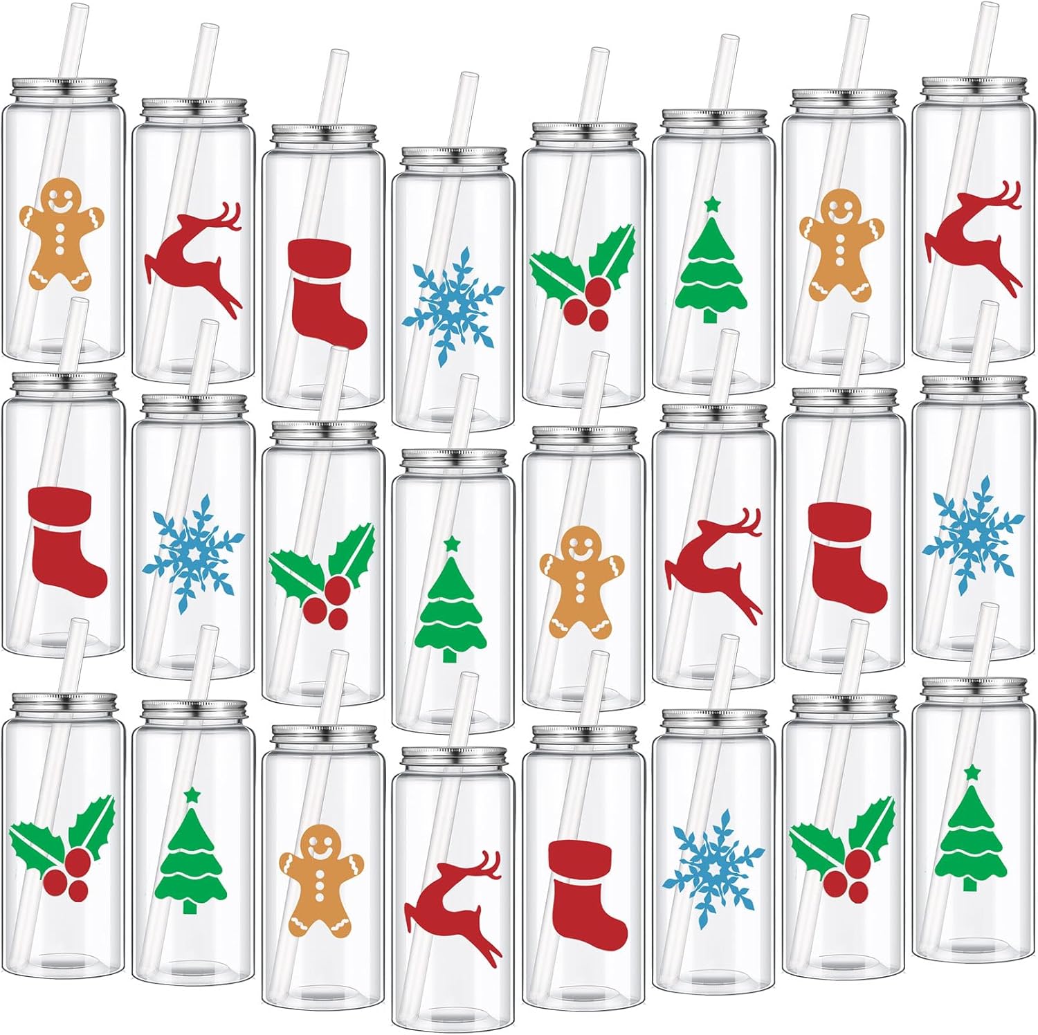 Pickmesh 24 Pcs Christmas Plastic Cups Bulk 13.5 oz Reusable Cups with Lid and Straw Snowflake Gingerbread Man Cold Drink Water Beverage Tumbler for Adults Xmas Party Favor Holiday Supplies