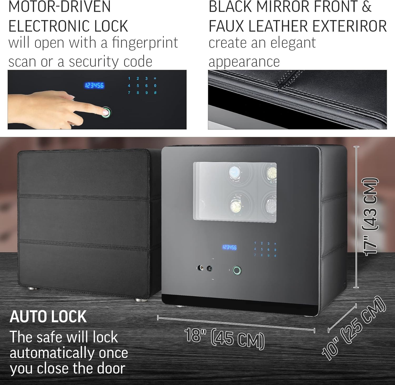 12 Watch Winder with Fingerprint Lock, Interior Light, Alarm System and 2 Storage Compartments