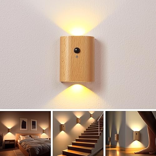 Lámpara de pared LED de madera, luces nocturnas con sensor de movimiento, apliques recargables, luces para dormitorio (madera de fresno blanco, 1