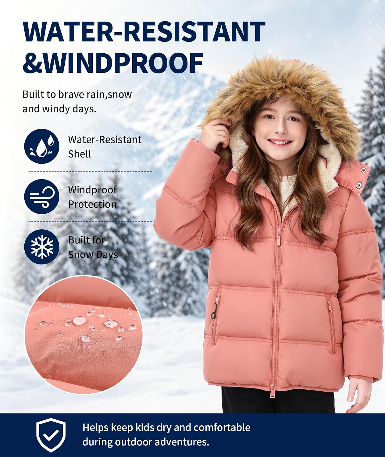 GEEK LIGHTING Boys Girls Winter Puffer Jacket Water Resistant Hooded Coat | Thicken Sherpa Lined Fleece Parka Jacket Detachable Hood Ideal for School, Snow and Outdoor Play
