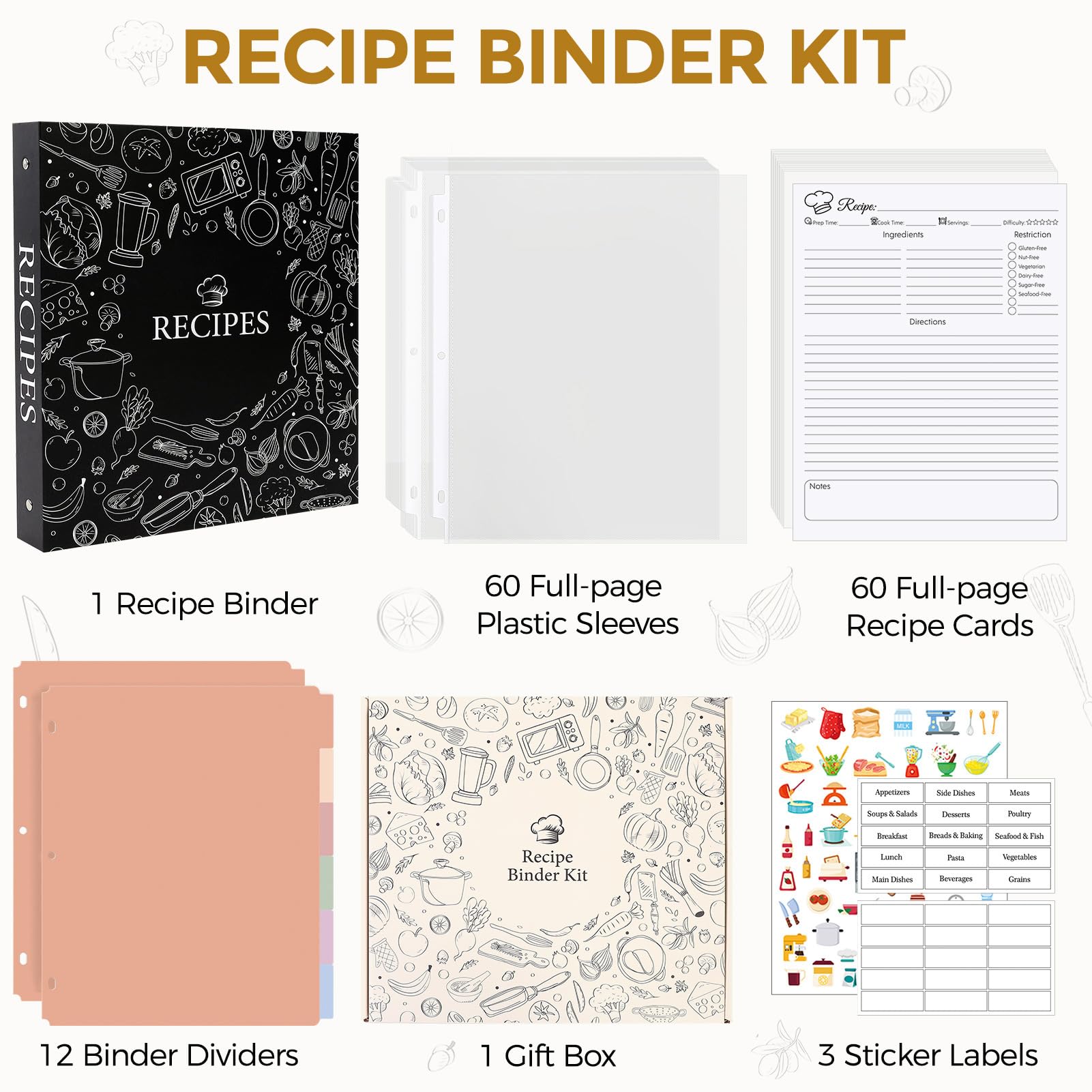 Raccoglitore per ricette con maniche in plastica, 21 x 28 cm, libro di ricette da scrivere nelle proprie ricette, biglietti di ricette vuoti e 12 divisori