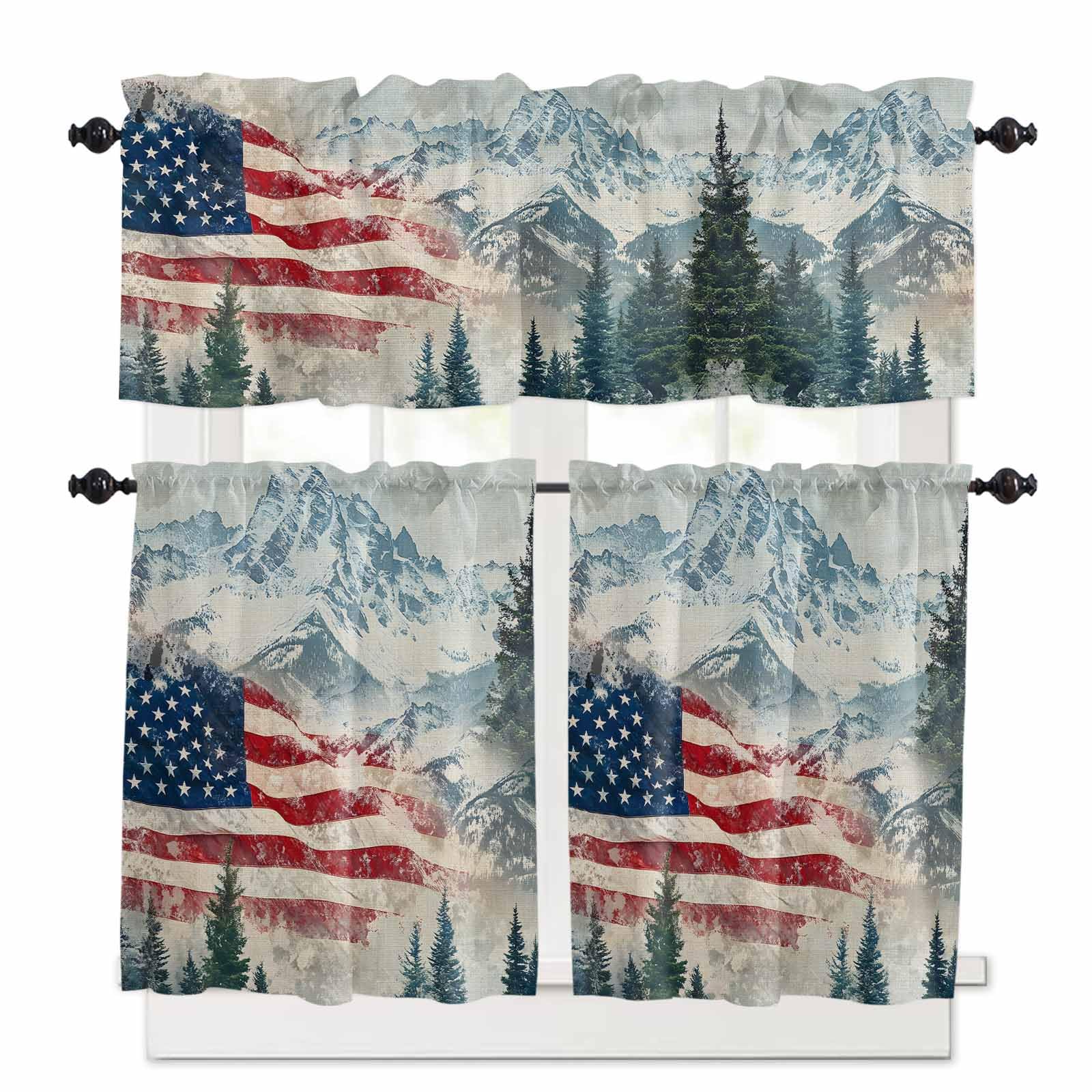4th of July Kitchen Curtains 24 Inch Length, 3 Piece Rod Pocket Small Half Tiers and Valance Set, American Flag Forest Independence Day Small Large Window Treatment Decor for Bedroom/Bathroom Sink