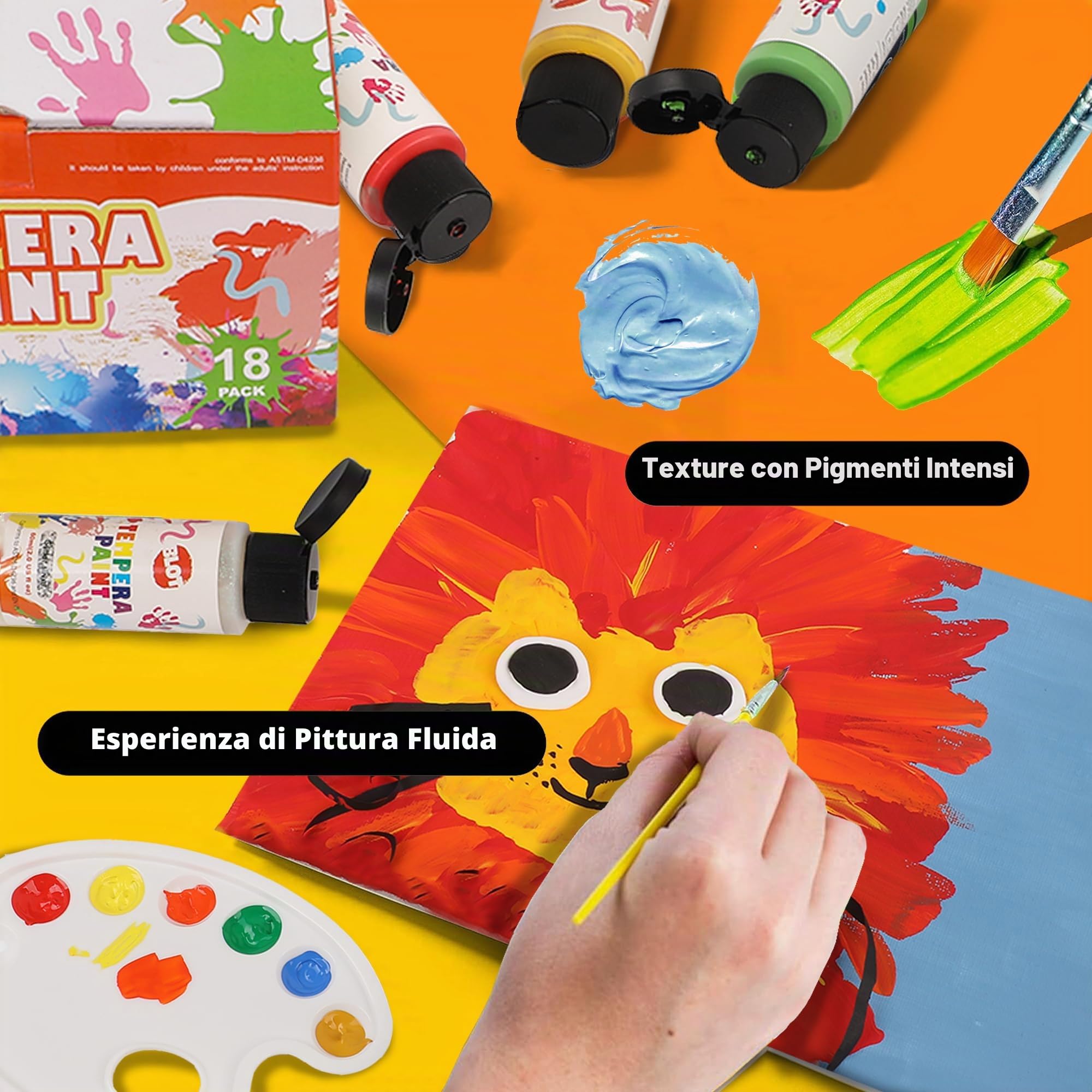 BLOT Tempera Pittura Bambini 18 Colori Lavabili Colori a Dita Atossici Tempera Vernice con Fluorescente Glitter Metallico per Dipingere Poster Fai da Te