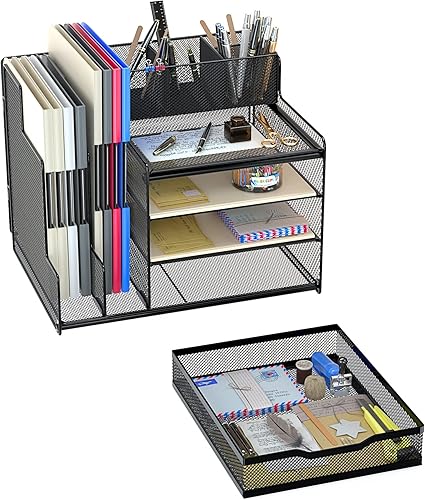 Miniatura 3 de VIVSOL Organizador de escritorio con soporte de archivos de malla, organizadores de escritorio de 4 niveles y accesorios con cajones deslizantes, 3