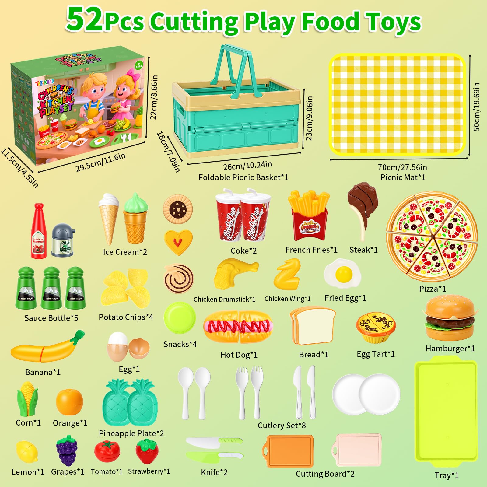 Accesorios Cocina Juguetes, Juego De rol Cocina Juguete, Cocinita Infantil con Comida, Cubiertos Cesta Picnic, Frutas Y Verduras Juguete, Regalo Niño Niña Juegos Educativos Niños 3 +años