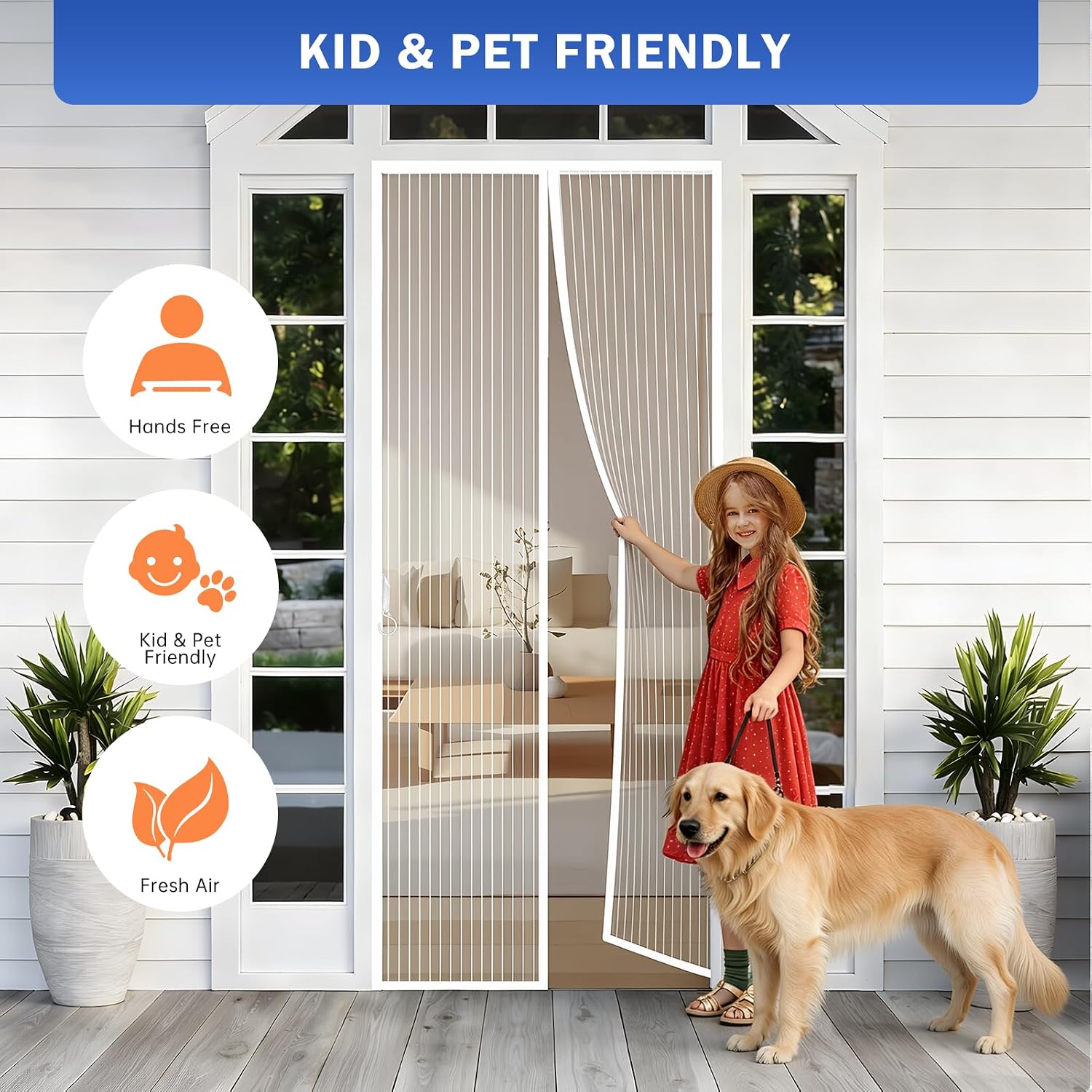 Magnetic Screen Door Fit Door Size 32×80in, Screen Itself Size 34x81in, Hands Free Self Sealing, Full Frame Magic Tape Mesh Screen Door with Magnets Heavy-Duty Mesh Curtain for Entry Door White