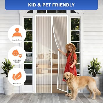Magnetic Screen Door Fit Door Size 2472 inch, Screen Itself Size:26x73, Hands Free Self Sealing, Full Frame Magic Tape Mesh Screen Door with Magnets Heavy-Duty Mesh Curtain for Entry Door-White