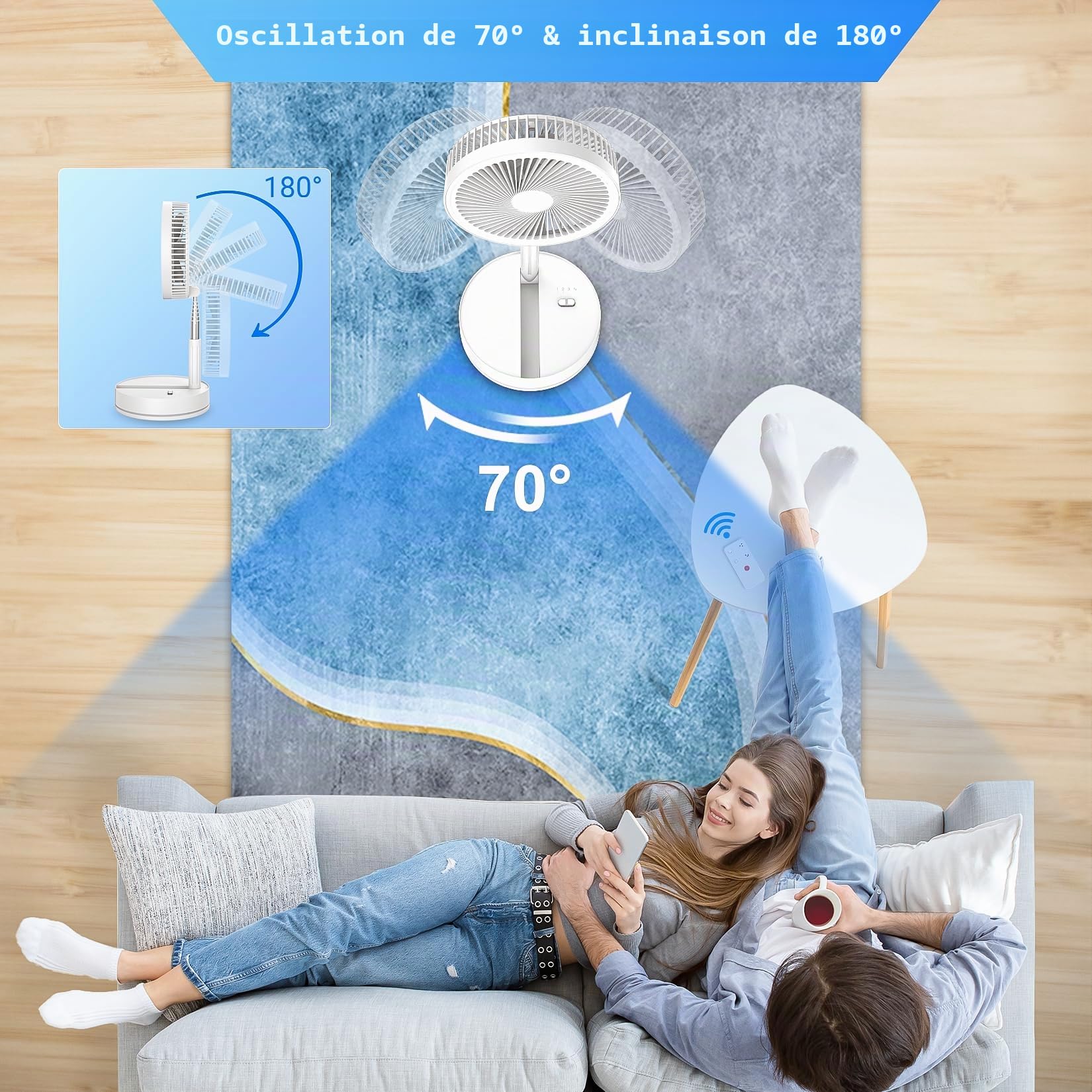 Ventilateur sur pied portable pliable oscillant 8,6" 8 000 mAh Batterie rechargeable USB C Petit ventilateur de table avec télécommande, piédestal silencieux pour maison, sommeil, bureau, voyage