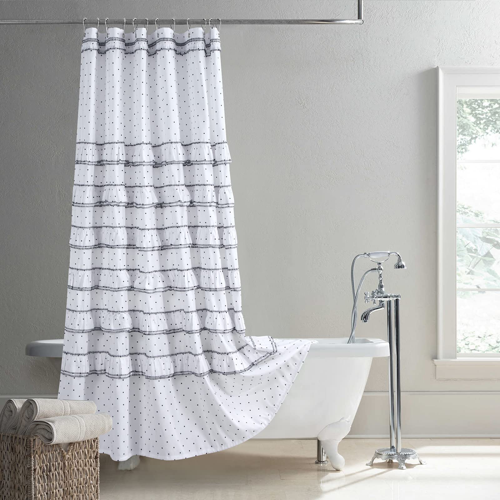 MVSUTA Can Can Black Polka Dots Printed Polyester Waterproof Microfiber Fabric Boho Ruffled White Stall Shower Curtain for Bathroom,Small 54" W x Extra High 78" L