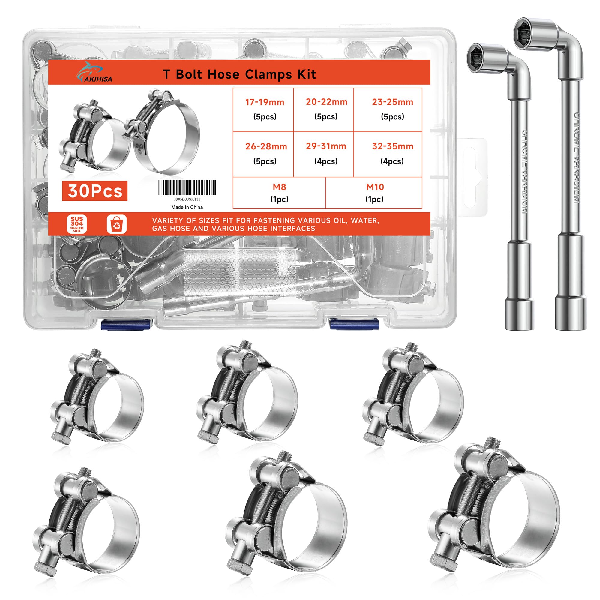 AKIHISA 30 morsetti per tubi a T da 17-35 mm, 6 misure, in acciaio inossidabile 304, resistenti fascette stringitubo a tensione costante, con chiavi a bussola M8 e M10