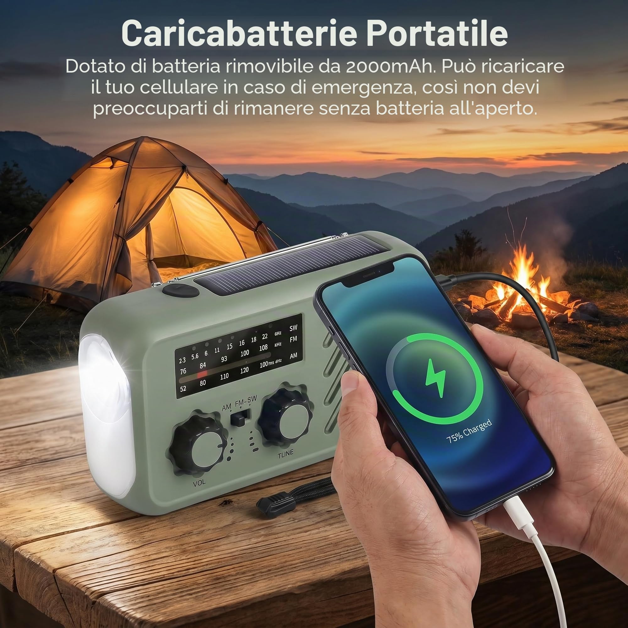 Radio Emergenza a Manovella con Solare & Power Bank 2000mAh, Radio AM/FM con Allarme SOS e Luce Lettura, Radio Dinamo per Blackout Campeggio Auto