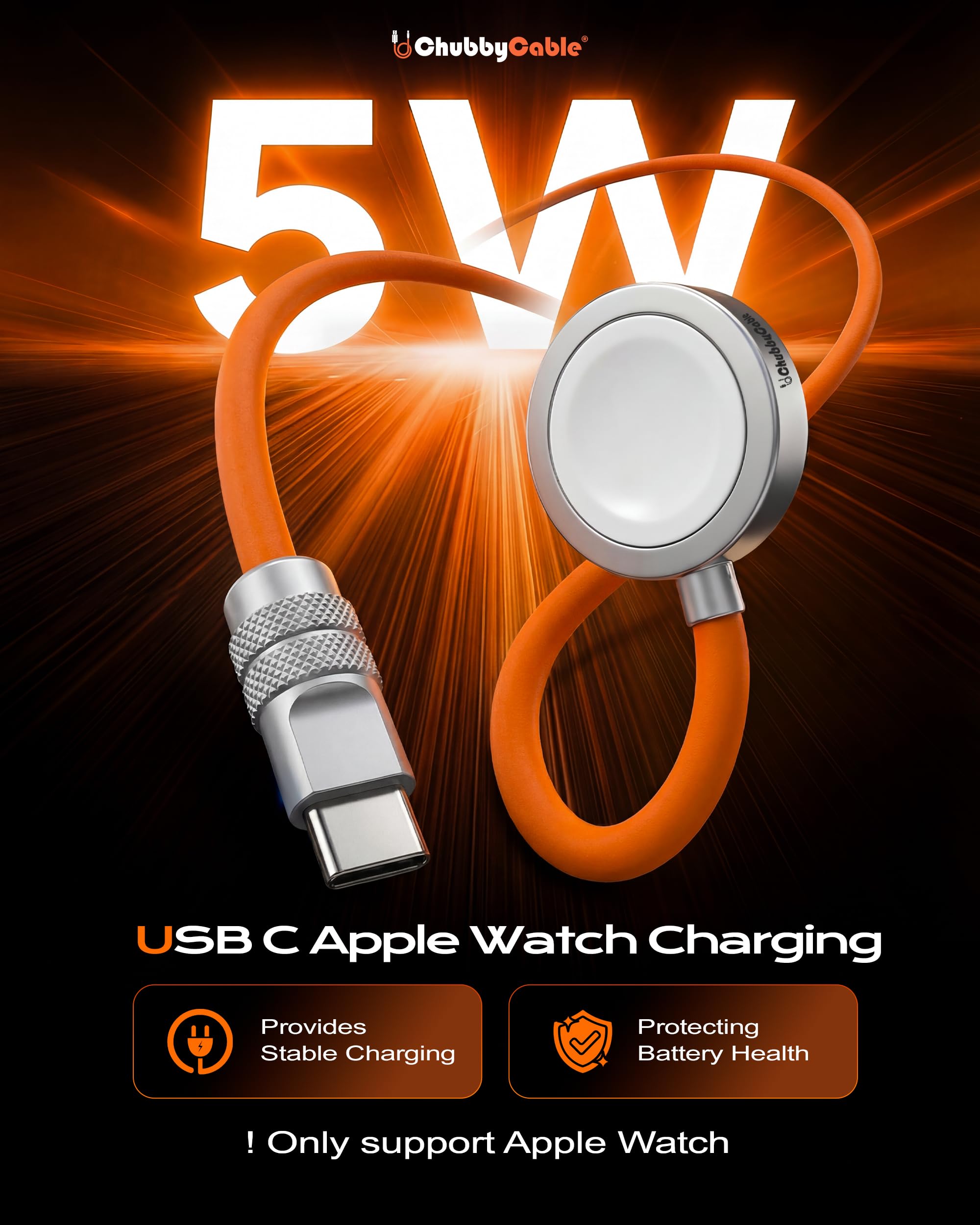 chubbycable Caricabatterie magnetico per Apple Watch Cavo USB-C portatile 1,2 m morbido silicone cavo di ricarica compatibile con Apple Watch Series 11/10/9/8/7 SE Ultra 3/2 AirPods custodia di