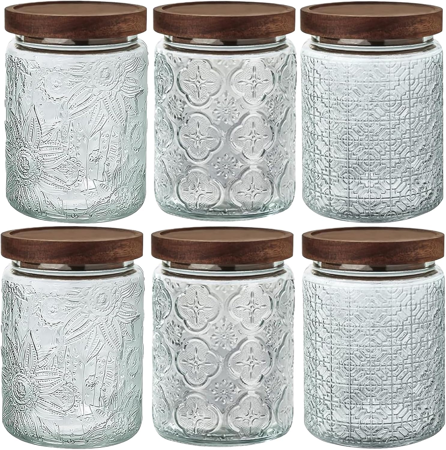 24 OZ Airtight Glass Storage Jar with Bamboo Lid - Vintage Glass Jar Vintage Food Containers Canisters Set for Kitchen Counter & Pantry - Ideal for Sugar, Flour, Coffee, Tea, Candy, Oats -6 Pack (24oz) Sunflower*2+Begonia*2+Window*2