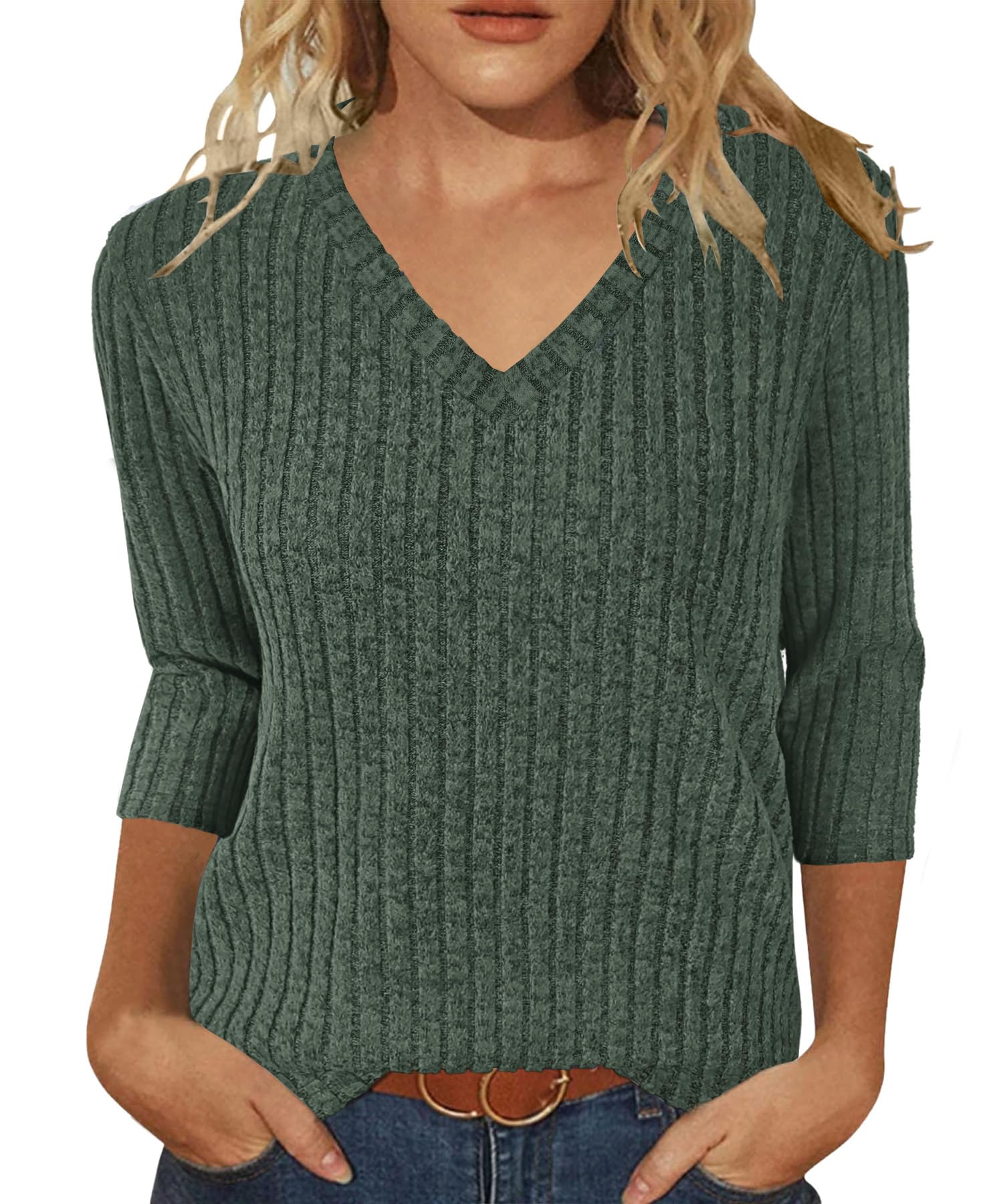 JomeDesign Sweaters for Women 3 4 Sleeve Tops V Neck Loose Casual Tunic Blouses