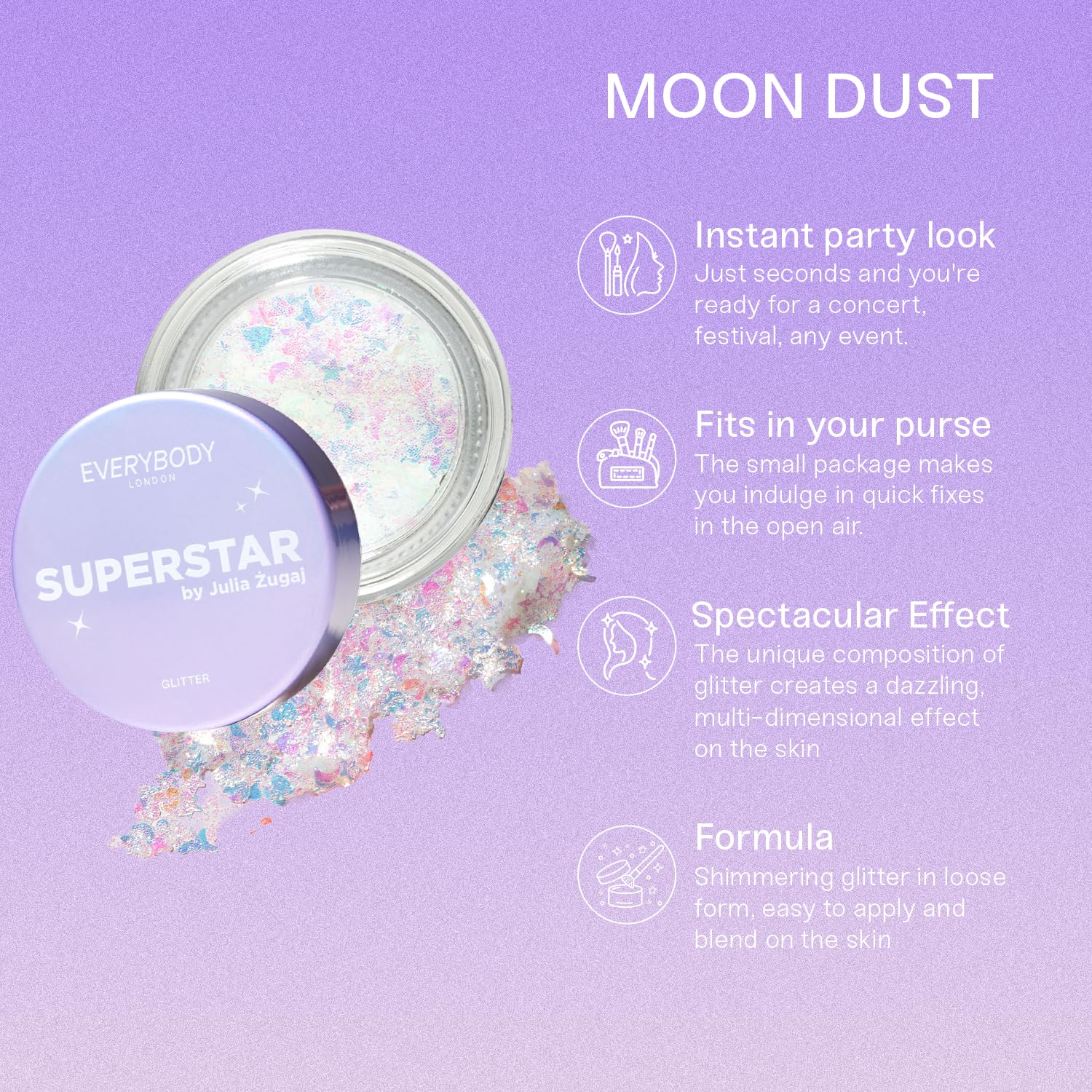EVERYBODY LONDON Glitter Pot Brokat w Żelu do Twarzy i Ciała Opalizujący Efekt Makijaż festiwalowy wieczorowy Brokat holograficzny