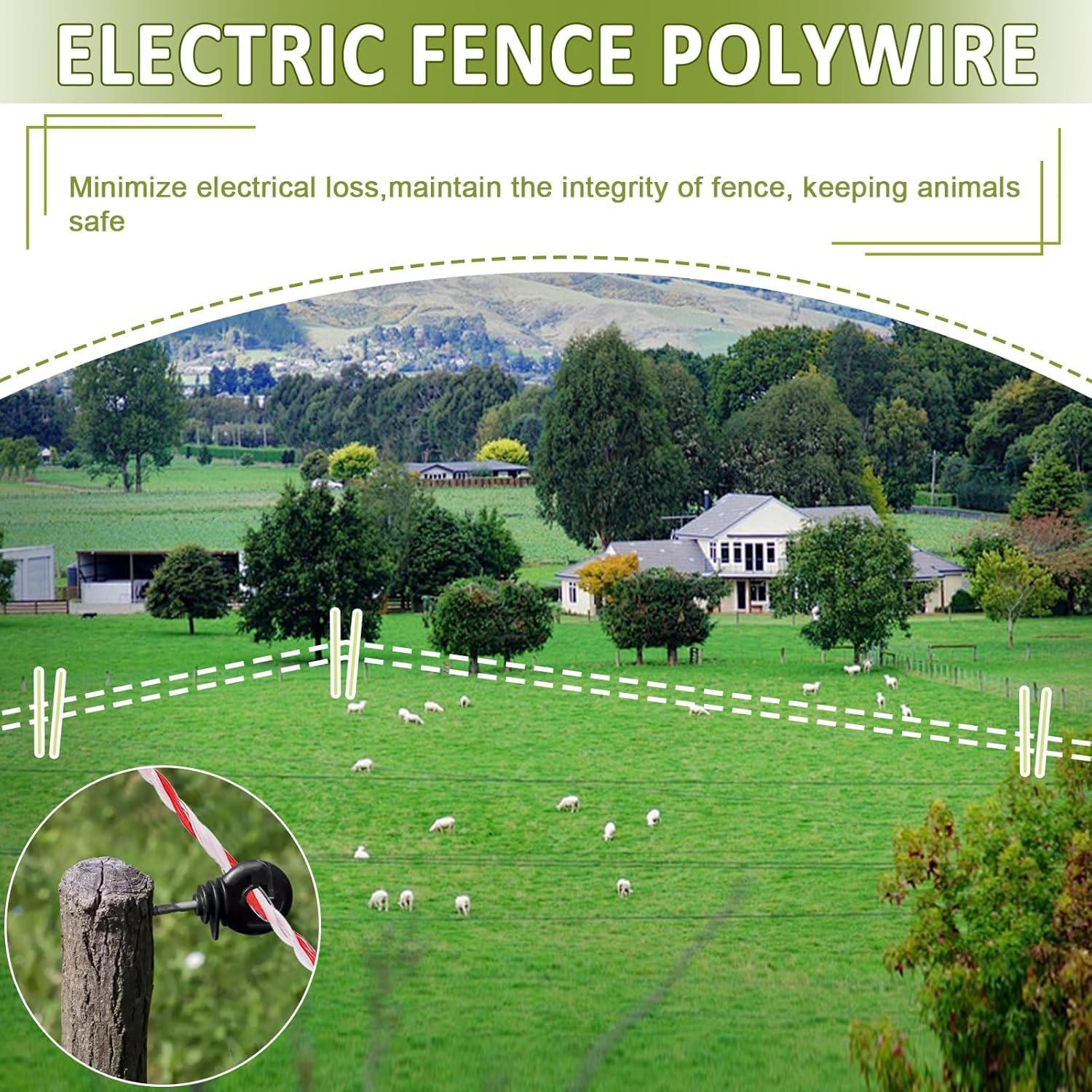 Fil de Clôture Électrique de 200m et 50 Pièces D'isolateurs Améliorés Pour Clôture Électrique,Fil de Clôture Électrique en Acier à 6 Brins Avec 1 Pièce D'outil de Douille Isolante