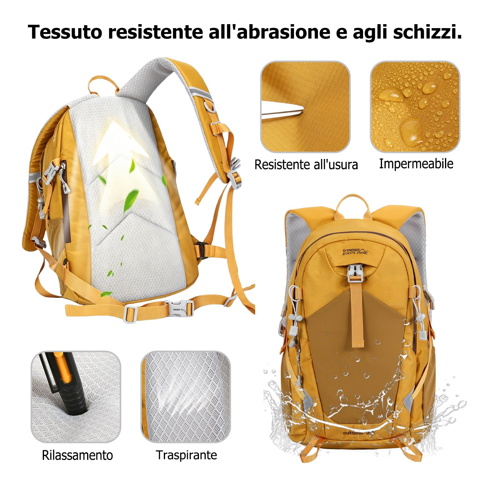 30L Zaino da Escursionismo Zaino Outdoor Impermeabile con Sistema Ergonomico di Sollievo Dalla Pressione Zaini Multitasca per Camping Viaggi Uso Quotidiano Nero