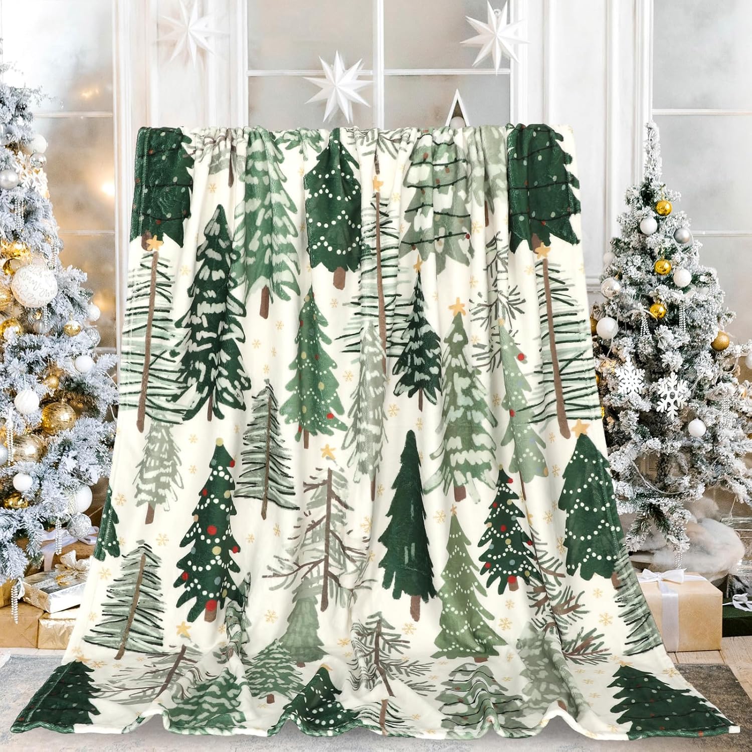JarThenaAMCS Christmas Tree Fuzzy Blanket 60 x 50 Inch Watercolor Green Forest Soft Throw Blanket for Winter Home Chair Sofa Couch Bed - Image 2