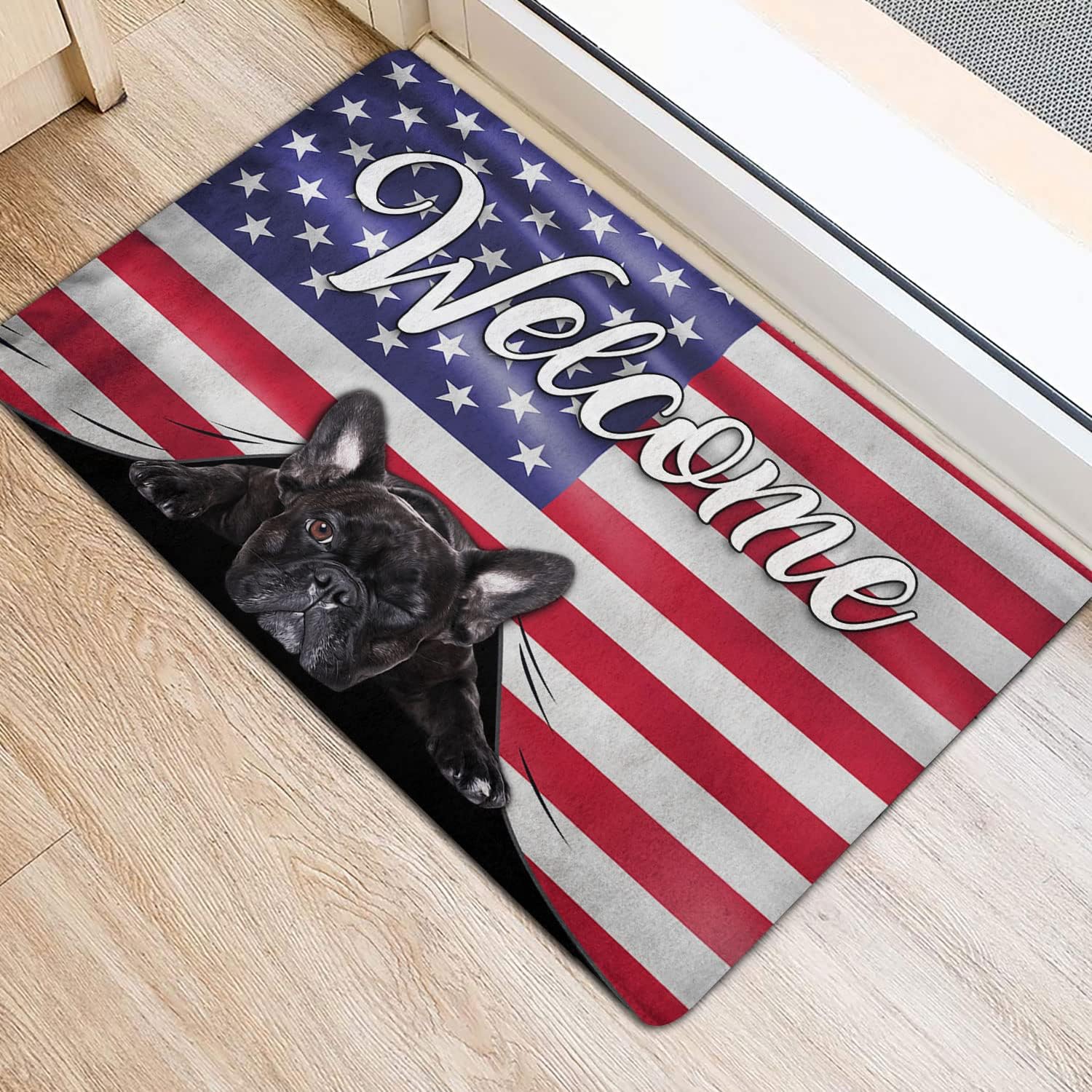 OhaPrints Funny French Bulldog Welcome American Flag USA Patriotic Welcome Doormat Front Rubber Door Mat Home Porch Decor Outdoor Indoor Entrance Floor Entryway Rug Modern Outside Entry Carpet