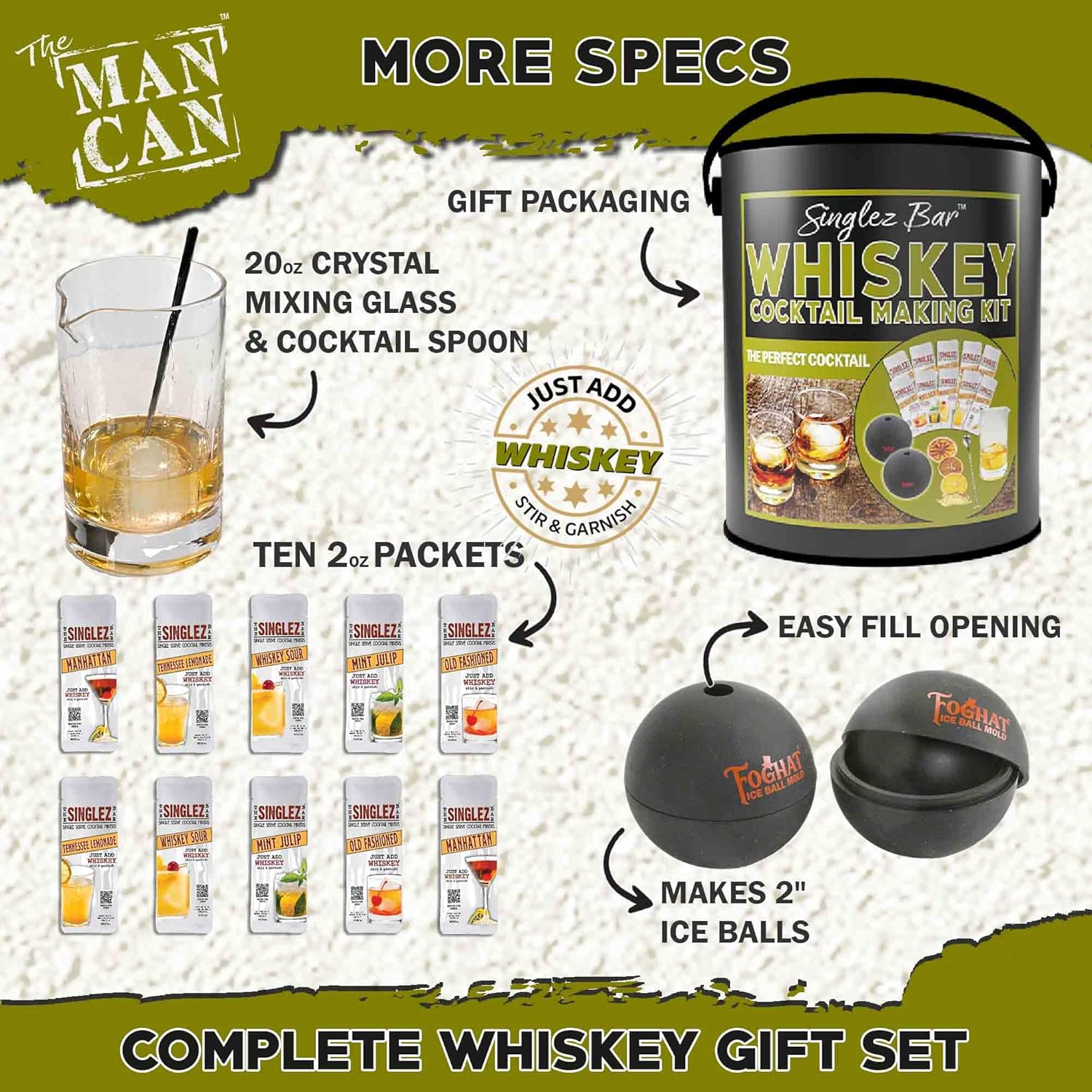 Man Can Ultimate Whiskey Cocktail Kit - Create Your Own Whiskey Cocktails - Includes Premium Glass, 5 Whiskey Mixes, 2 Ice Ball Molds, Spoon & Garnishes
