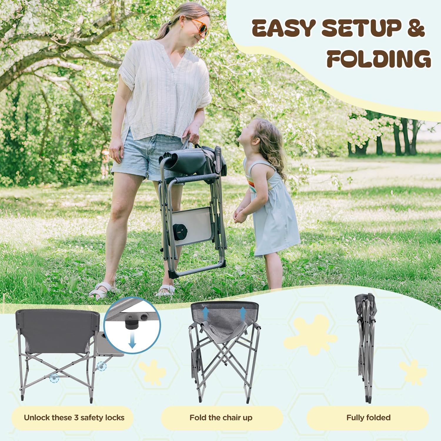 Busy Bee Kids Camping Chair with Foldable Side Table, Lightweight, Flat Folding, Compact and Portable, Perfect Kid Beach Chairs, Supports 150 Lbs.