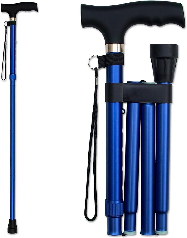 Folding Cane, Adjustable, Lightweight Offset Walking Cane | Aluminum Collapsible Walking Stick with Ergonomic Derby Handle, cane folds for travel and storage