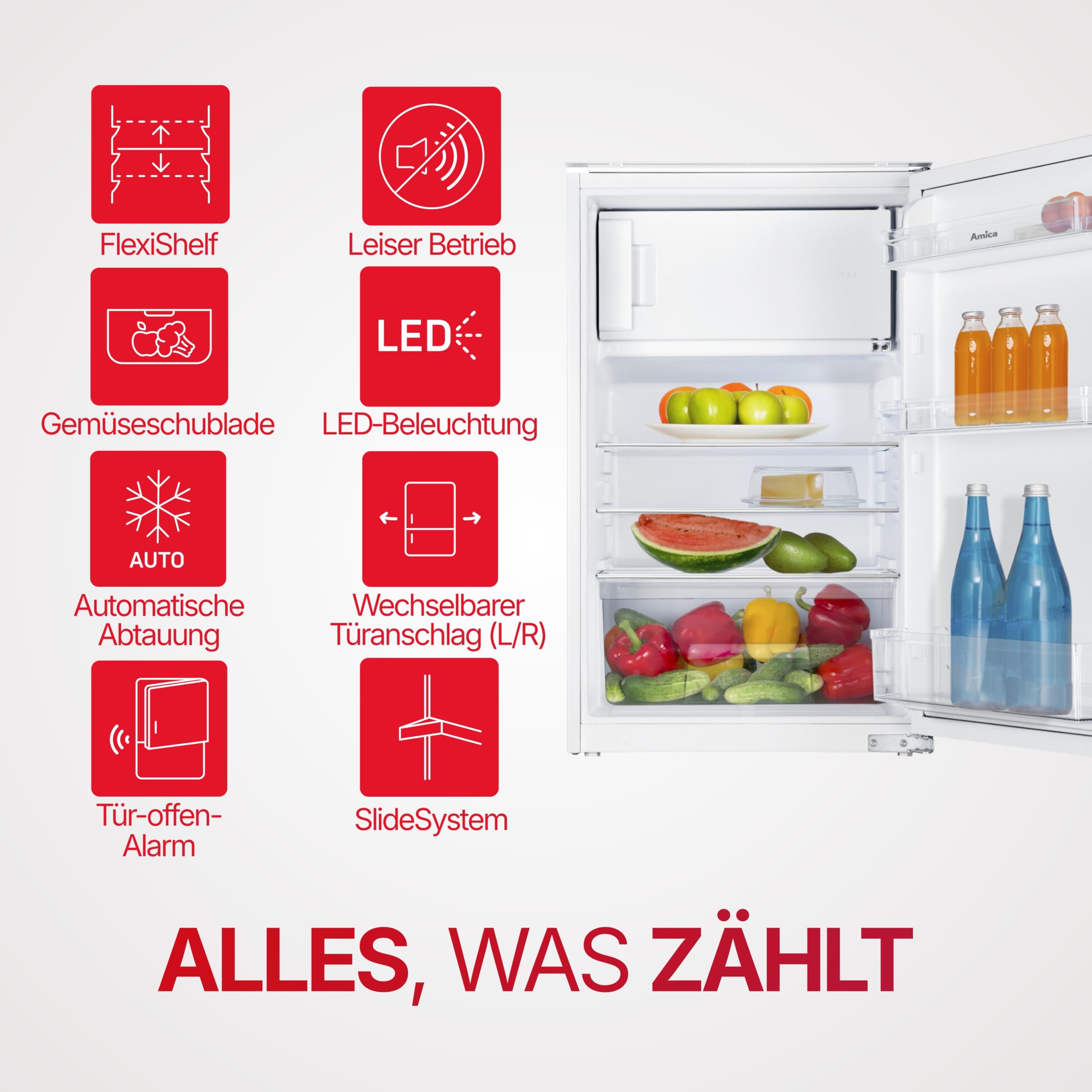 Amica Einbau Kühlschrank mit Gefrierfach für 88 cm Nische Schlepptür-Technik elektronische Steuerung Inverter Kompressor Tür-Offen-Alarm