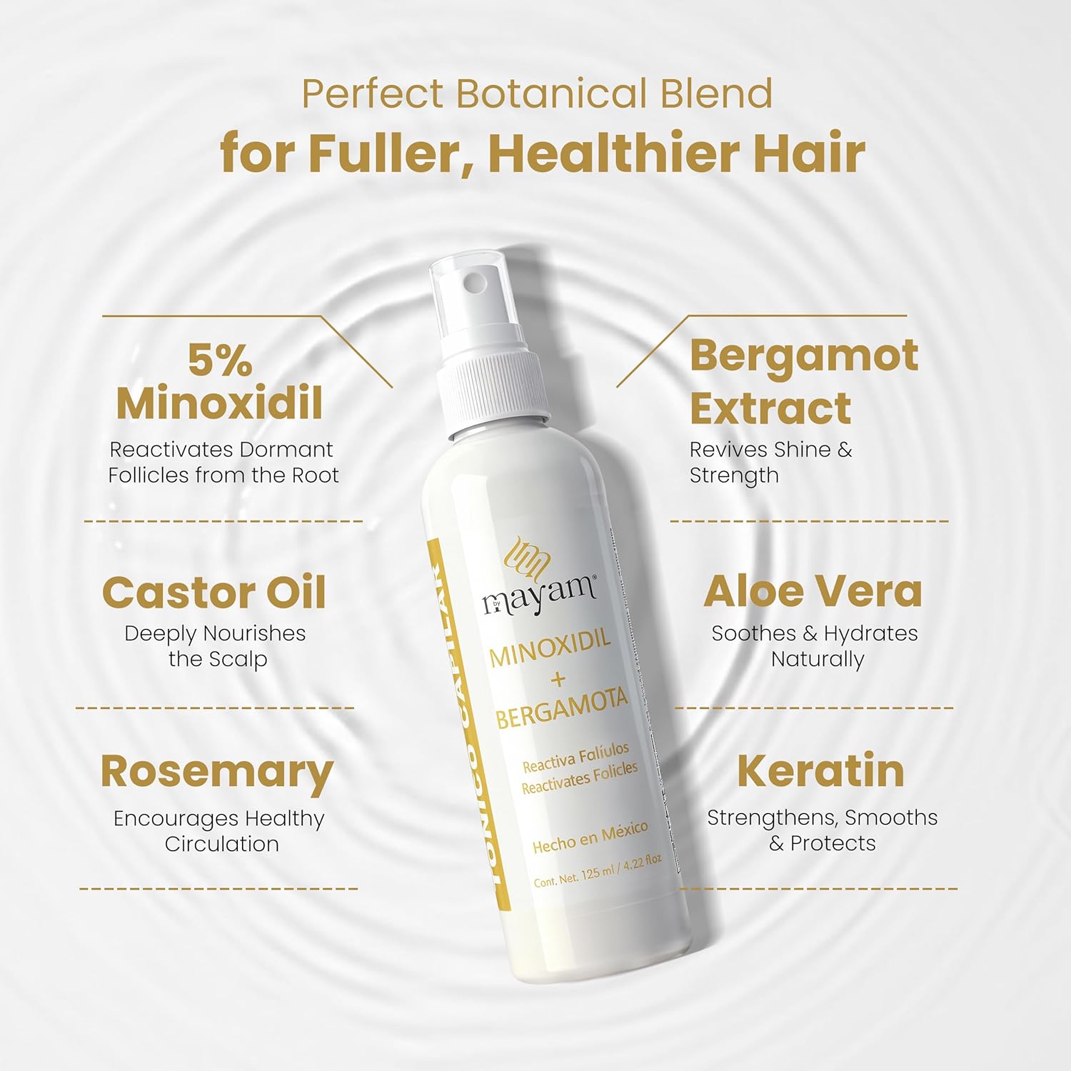 Mayam Beauty Minoxidil 5% Hair Regrowth Treatment Spray – Hair Growth Spray for Thinning Hair & Receding Hairline – Lightweight Leave-In Scalp Treatment with Bergamota – 125ml (4.2 fl oz)