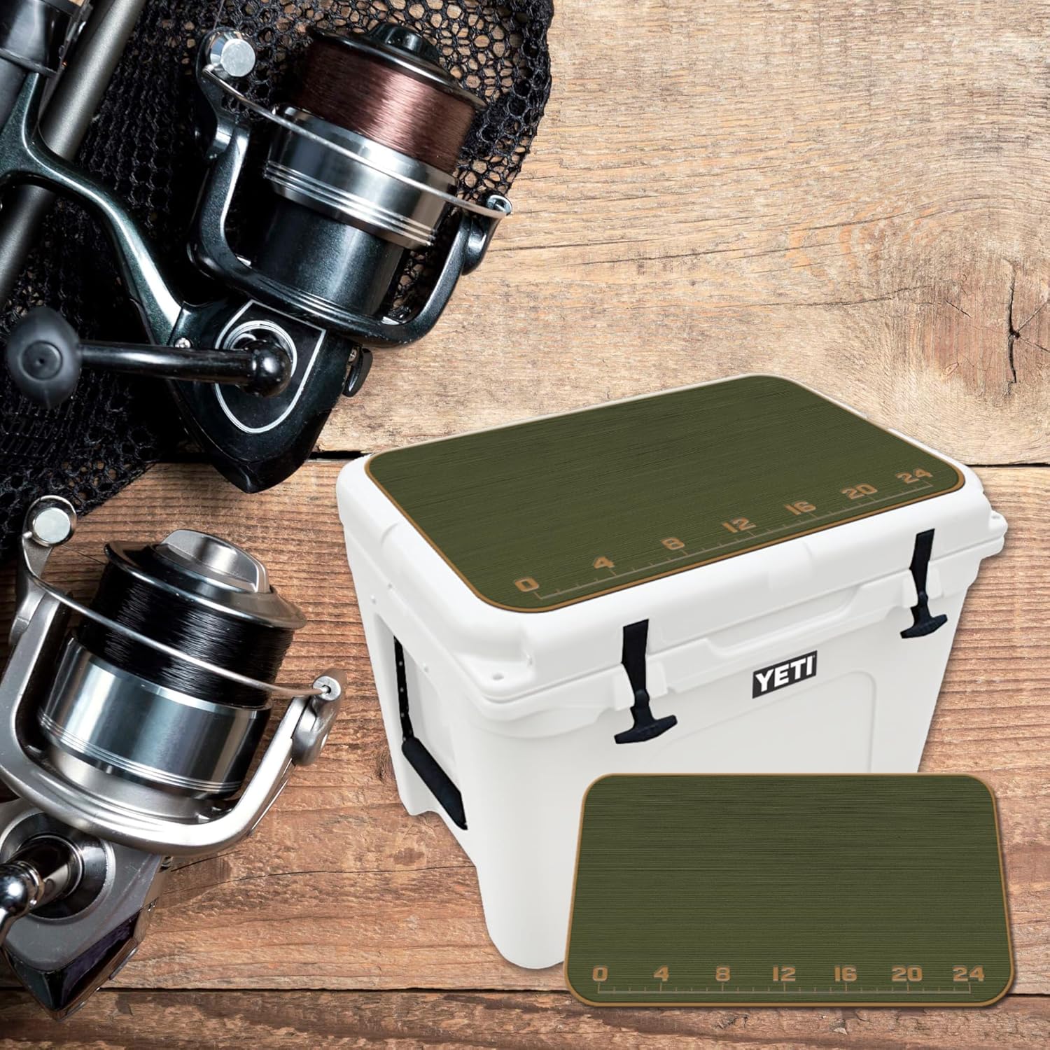 USATuff SeaDek EVA Mat Cooler Pad fits YETI | Peel & Stick Application | Non Slip Comfort Accessories - Fish Measuring Ruler (OliveGreen-Mocha)