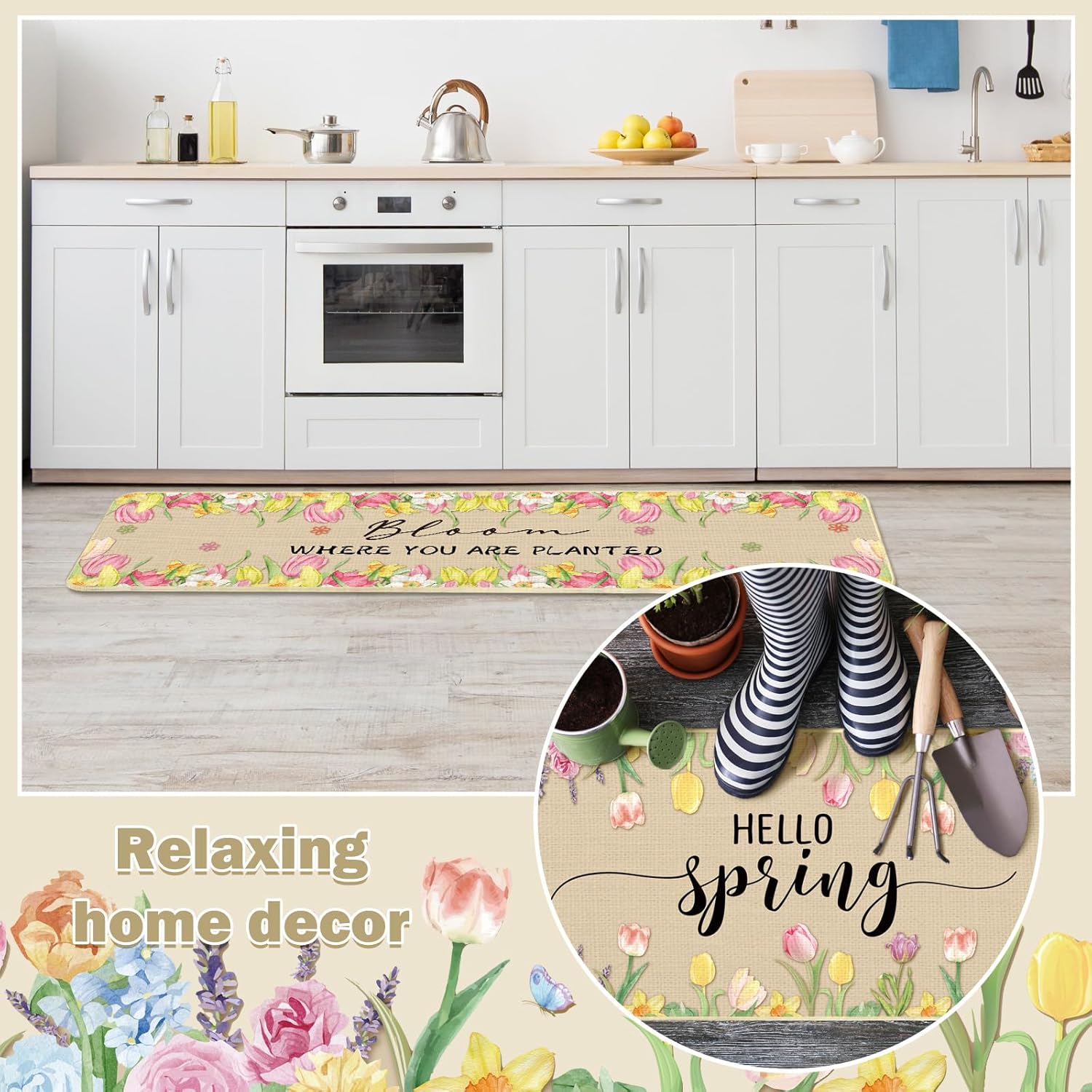 Tinideya Hello Spring Kitchen Rugs and Mats Set of 3, Spring Flowers Vase Floral Kitchen Mat Non Slip Bloom Doormat Easter Funny Washable Kitchen Bathroom Decor,17 x 59,17 x 47,17 x 32 in