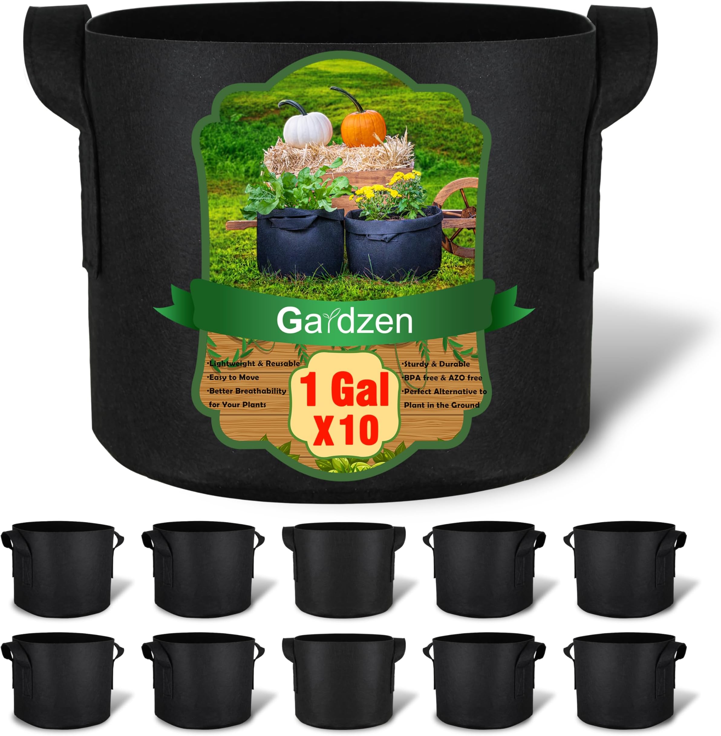 Gardzen 10-Pack 1 Gallon Grow Bags, 300G Thickened Fabric Grow Bags with Handles, Heavy Duty Aeration Plant Grow Bags