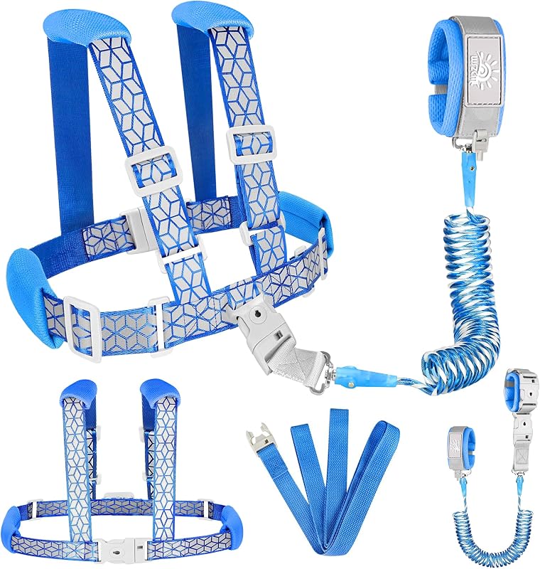 Correas de arnés 4 en 1 para niños pequeños, enlace antipérdida con cerradura, 6.5 pies azul | 4 en 1, muñequera antipérdida para niños, ajustable, seguridad, bloqueo de llave, cinta reflectante, giratorio de 360°, para parques, centros comerciales, aeropuertos