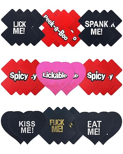RIFAUM Rave Nipple Pasties Pack with Words Stickers Cover Heart X Pasty Fun Party Lingerie Accessories - 9 Pairs - 02 Black/Red/Pink
