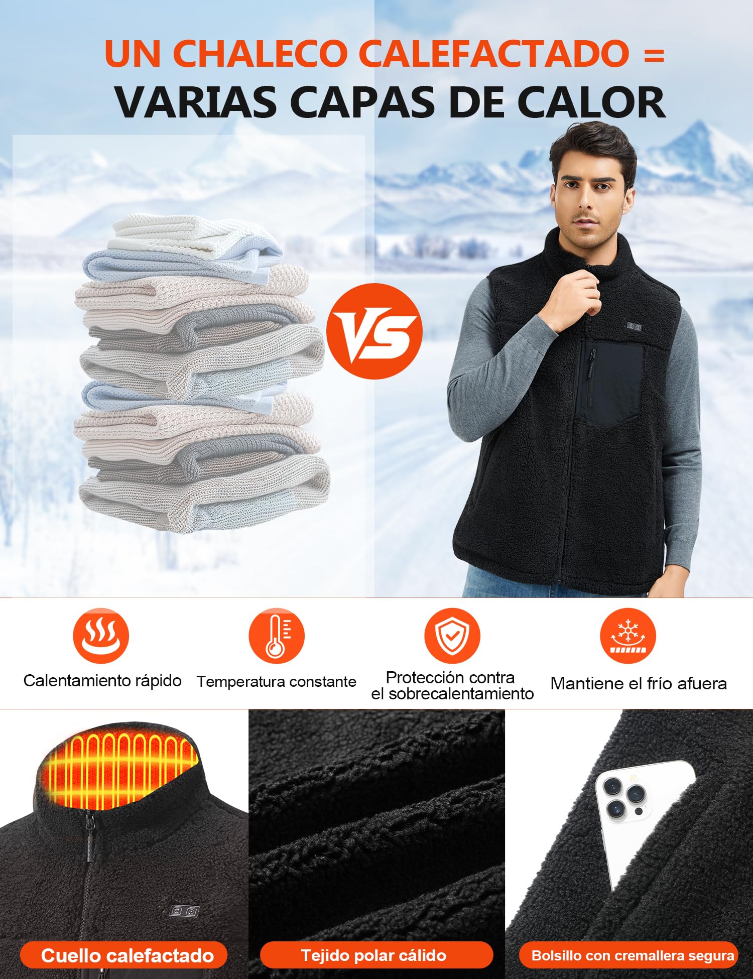 Chaleco Calefactable Hombre con 18400mAh 7.4V， Forro Polar, 8 Zonas Calefactoras, Lavable, Chaleco Eléctrico Para Uso Diario y al Aire Libre