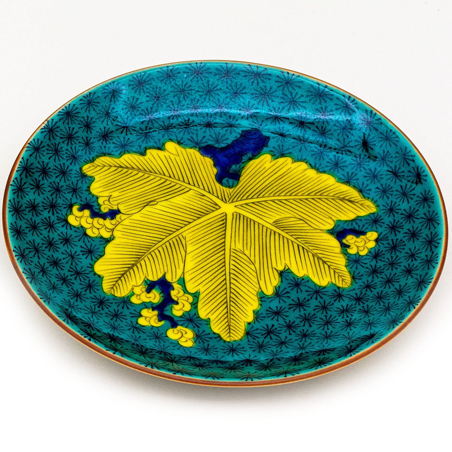 Kutani Ware Serving Plate Old Kutani Blue Tree Leaf 5.9in Porcelain Japan