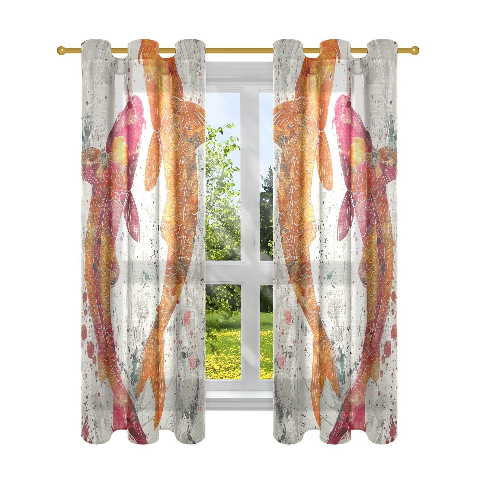Rideaux poissons rouges 106x160 cm lot de 2 pour décoration de fenêtre
