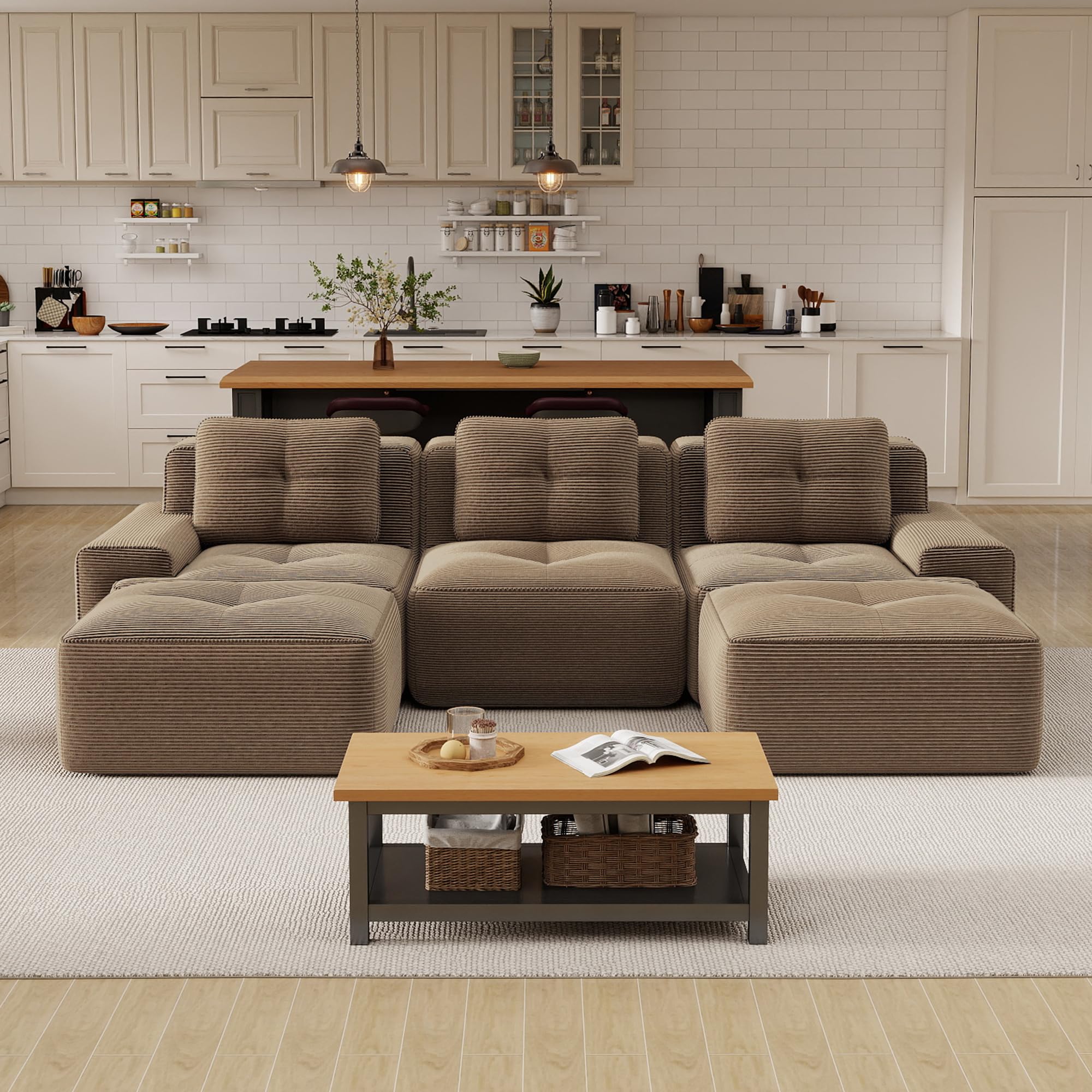 Sapgaks Canapé d'angle Convertible,canapé Convertible 2-4 Places,canapé à Compression modulaire,Rembourrage en éponge Haute densité 32D,Tissu Velours côtelé (Marron, 3 Seats + 2 footrests)