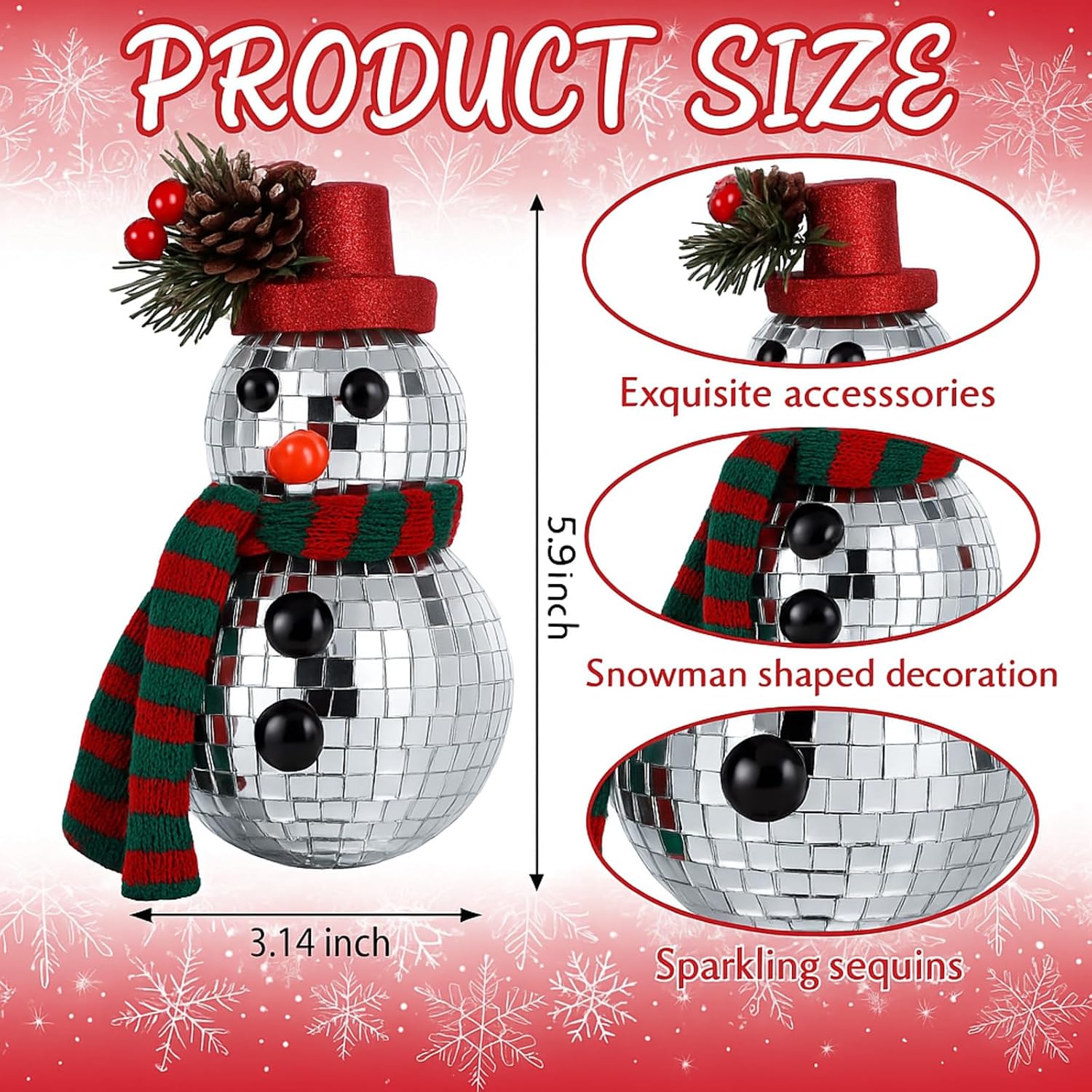 Chunful Christmas Disco Ball Decor Sliver Disco Snowman with Red Hat Scarf 6 x 3 Inch Glass Snowman Ball Table Gifts Decorations for Xmas Holiday Dining