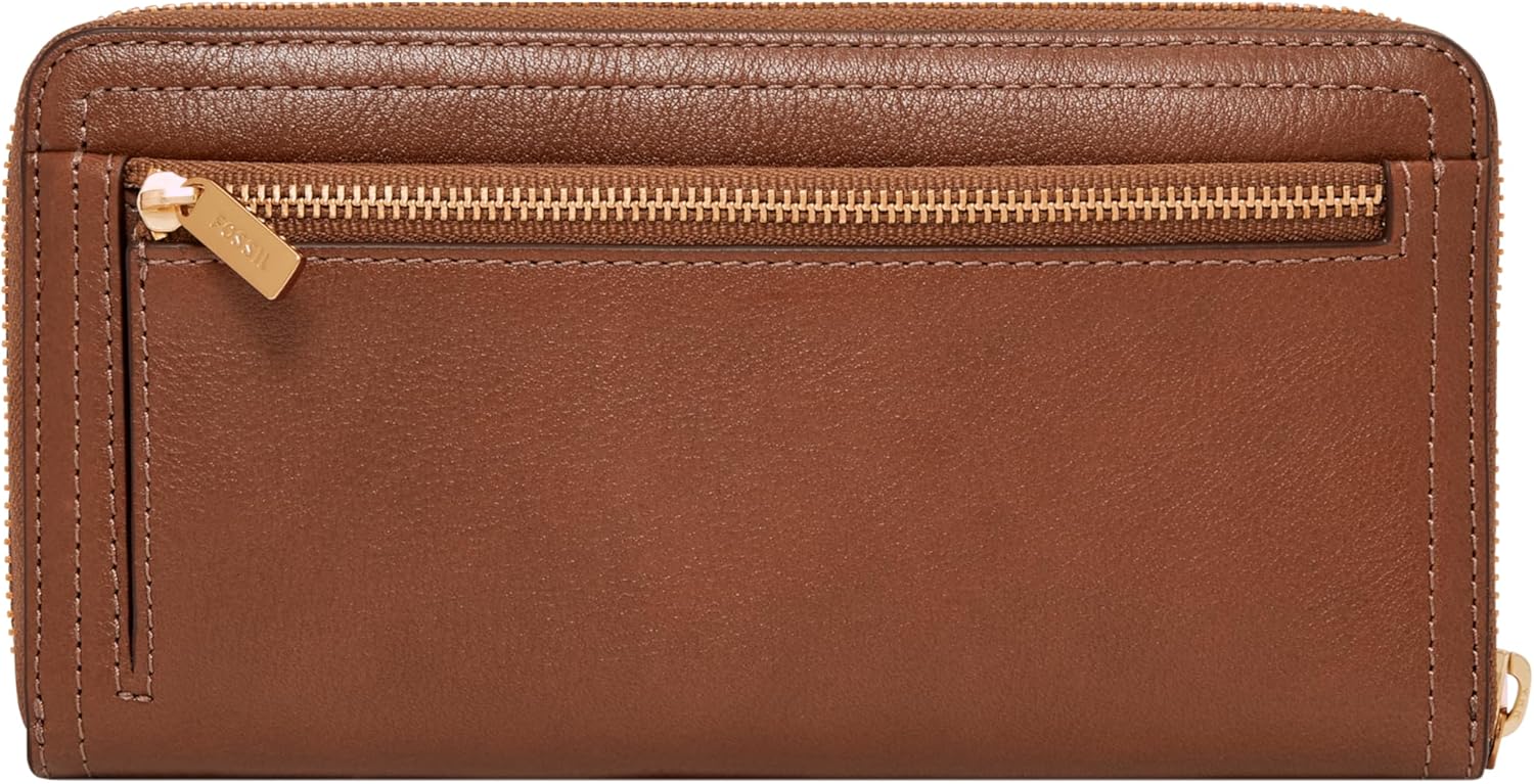 Fossil Women's Logan Leather RFID-Blocking Zip Around Clutch Wallet with Wristlet Strap for Women Brown