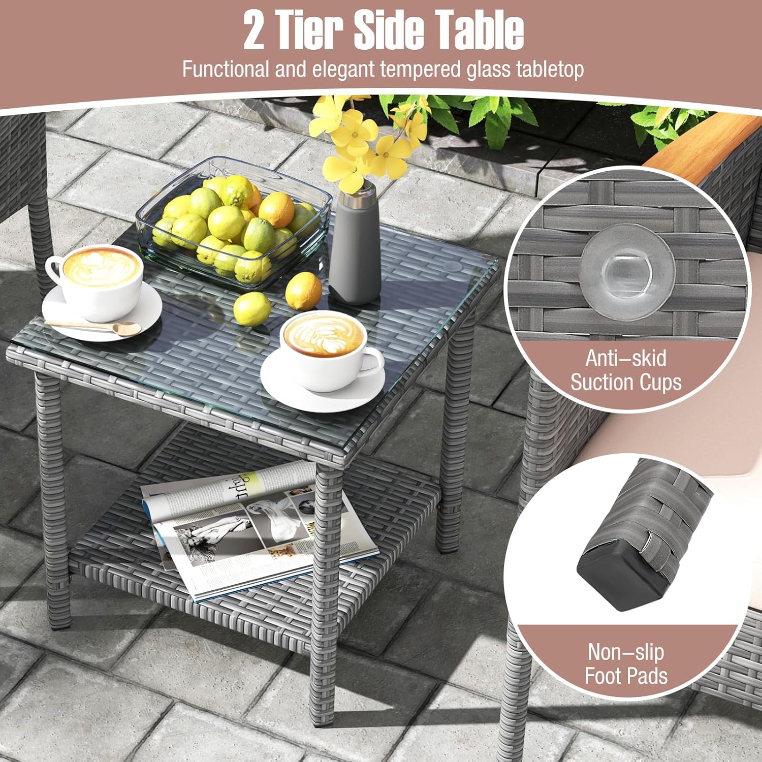 Tangkula 5 Pieces Patio Conversation Set, Outdoor PE Rattan Chairs with Soft Cushions, Ottomans & Tempered Glass Top Table, Acacia Wood Armrests, Patio Furniture Set (Mix Grey+Beige)