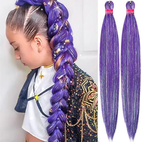 Miniatura 28 de Extensiones de cabello para trenzar preestiradas rosa con oropel de 26 pulgadas - 3 paquetes de trenzas sintéticas profesionales de ganchillo