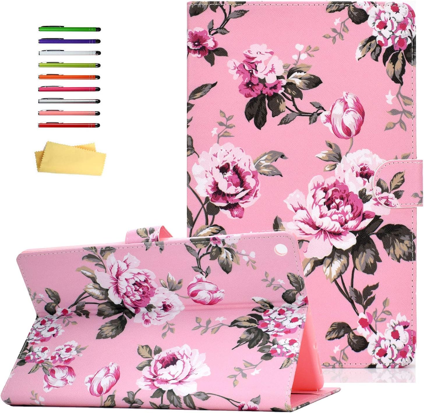 Case for Amazon Kindle Fire HD 10 Tablet 9th/7th/5th Gen Folio Stand PU Leather Magnetic Smart Cover [Auto Wake/Sleep] with Card Pockets for Fire 10.1 inch 2019/2017/2015, Pink Flower