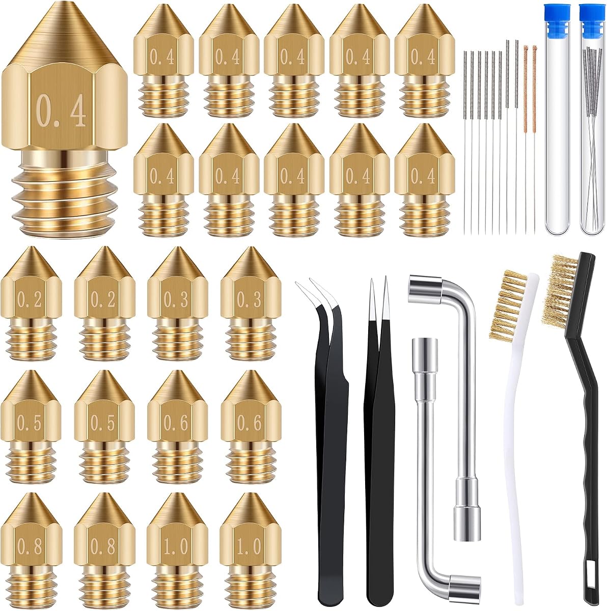 Leifide 50 Pieces 3D Printer Nozzle Cleaning Kit Includes 19 Pcs Stainless Steel Needles Cleaner Tools and 23 Pcs MK8 Nozzles Multiple Sizes Compatible with Makerbot Creality CR-10 Ender 3 5