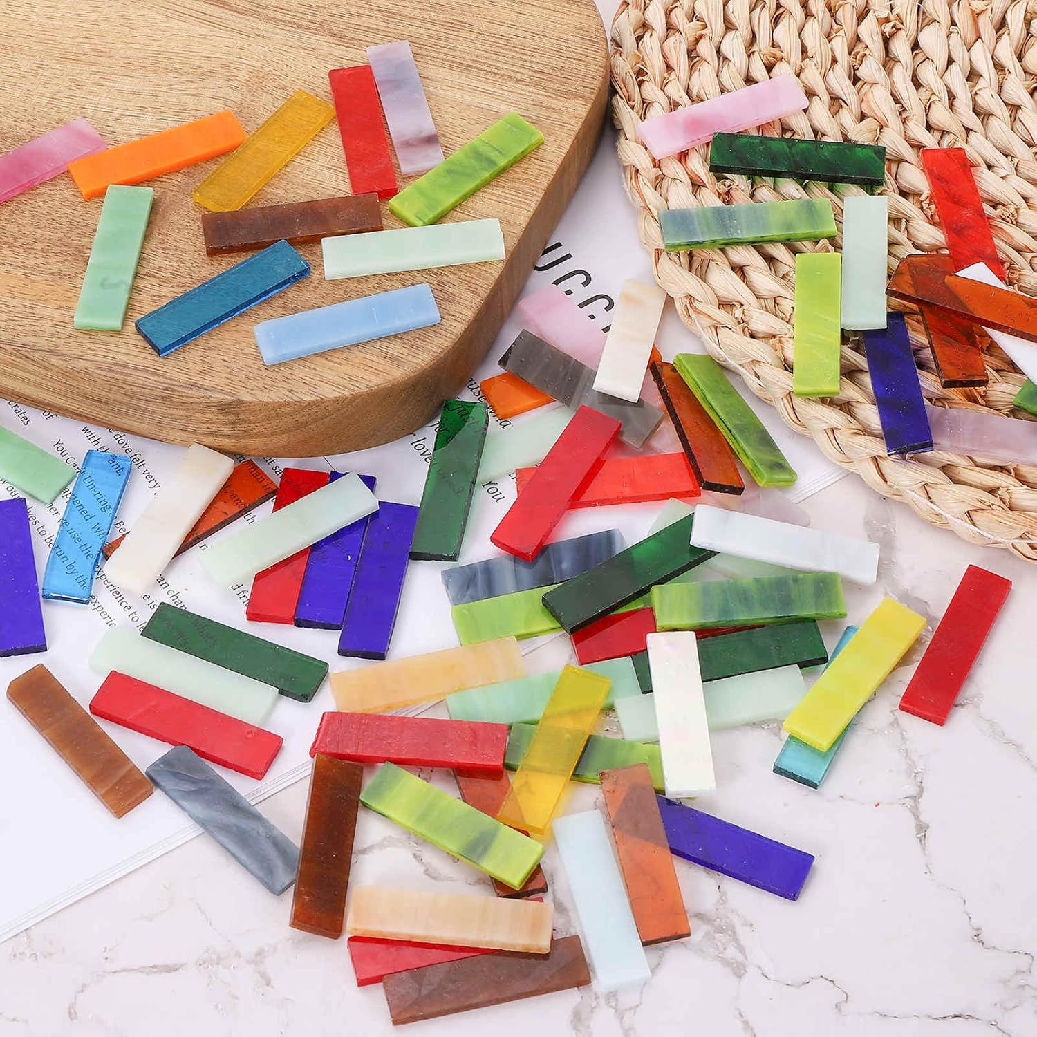MECCANIXITY Rectangular Mosaic Tiles Stained Glass Strips, 1.57" x 0.4" Multicolor Glass Pieces 300g/10.58 oz Mosaic Tile Making Supplies for DIY Handmade Crafts and Home Decoration