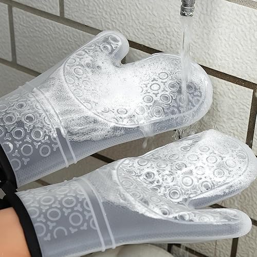 Miniatura 4 de 4 guantes de silicona para horno y soportes para ollas, resistentes al calor hasta 500 F, textura antideslizante, silicona transparente, esencial