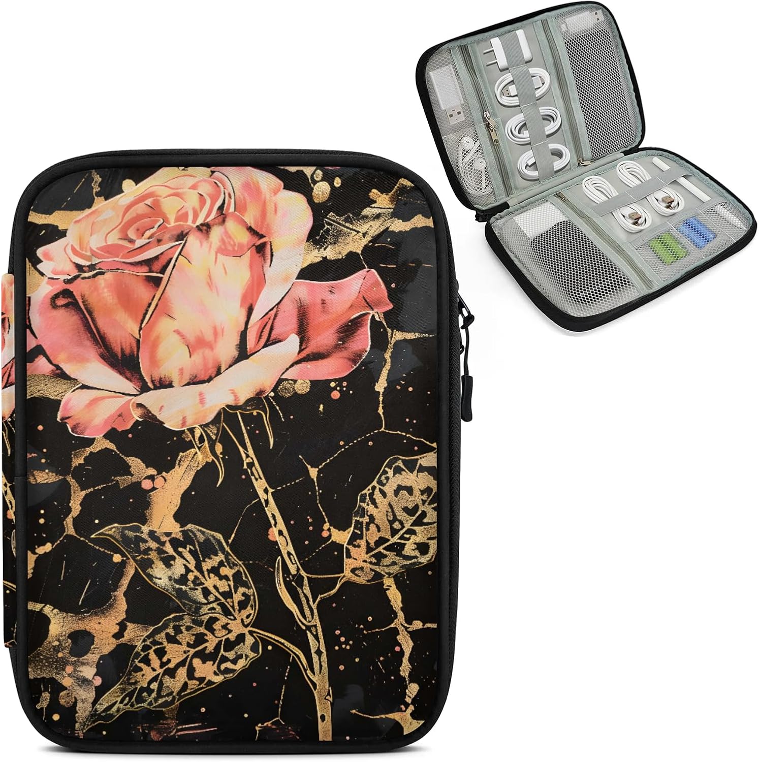 Leopard Print Electronics Travel Organizer Case, Rose Flower Tech Organizer Pouch Cord Storage Bag for Phone, Cable, Charger, Accessories